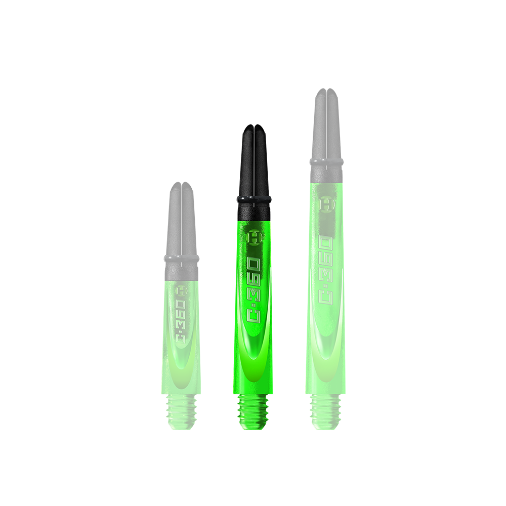 HR453_Harrows_Carbon_360_Shafts_Gr-n_42mm_1 Auf dem Bild sind drei grüne Dartschäfte in unterschiedlicher Länge zu sehen. Die Schäfte haben schwarze Spitzen und die Aufschrift "C.360".