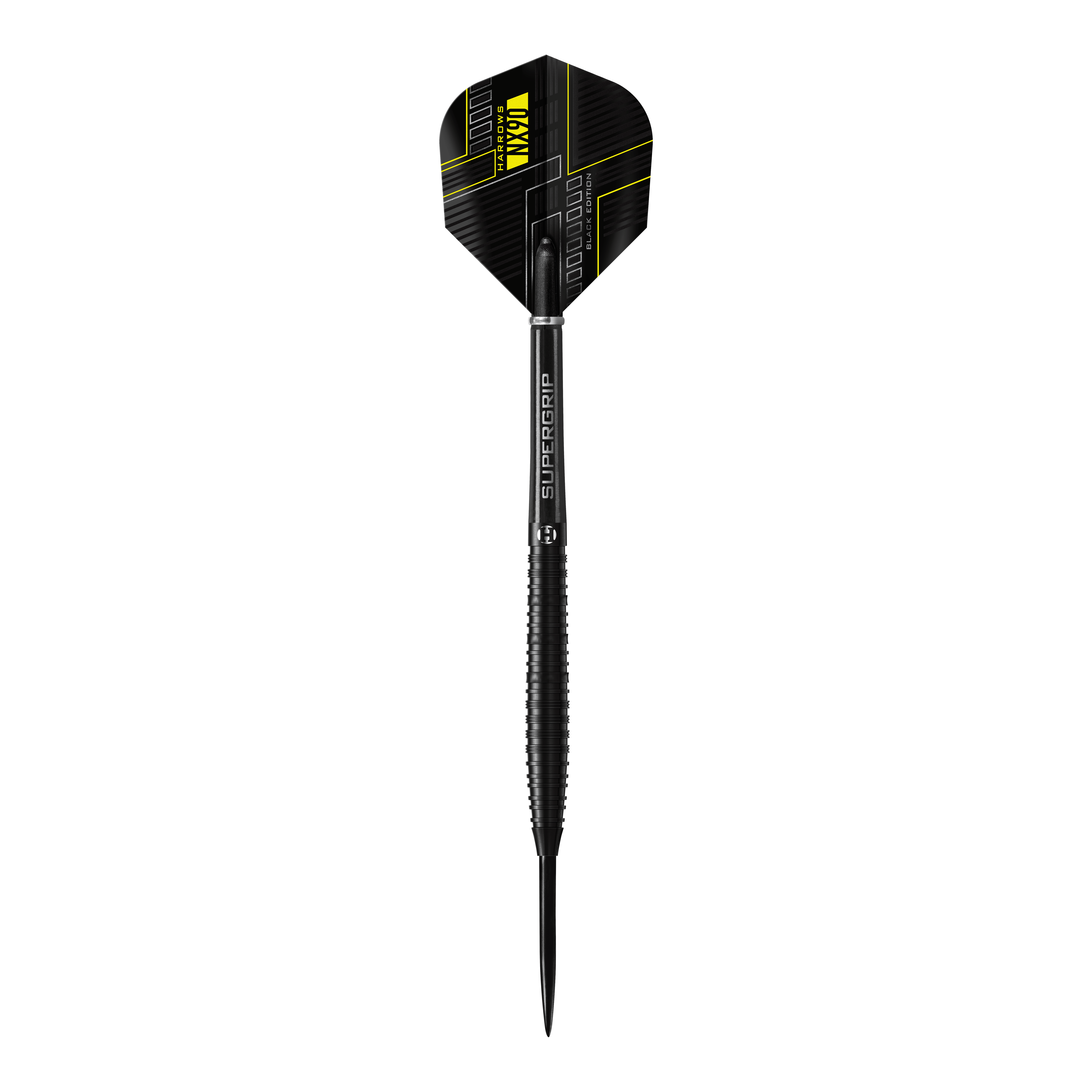 Harrows NX90 Black Edition steel darts Das Bild zeigt einen Harrows NX90 Black-Edition Steeldart. Der Dart ist komplett in Schwarz gehalten und hat gelbe Akzente am Flight.
