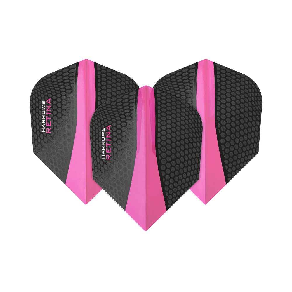 HR5511_Harrows_Retina_Pink_No2_Standard_Flights_1M6nVoZoSTjJya Das Bild zeigt drei Harrows Retina Pink No6 Flights für Darts. Sie sind schwarz mit einem pinken Streifen und Wabenmuster gestaltet.