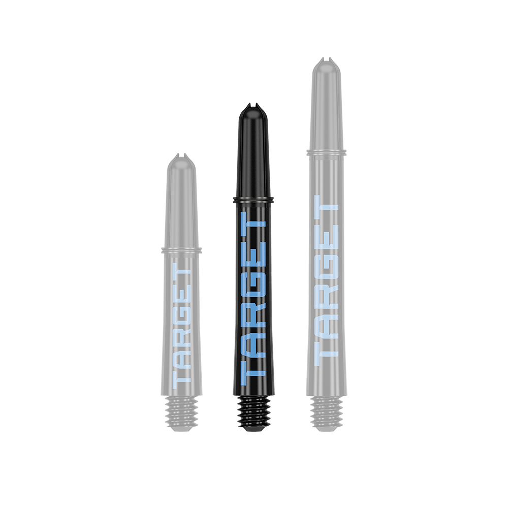 Target Pro Grip TAG Shafts - 3 Sets - Black Blue Das Bild zeigt drei schwarze Dartschäfte in unterschiedlicher Länge mit blauer Aufschrift "TARGET". Sie sind in einer Reihe nebeneinander angeordnet.