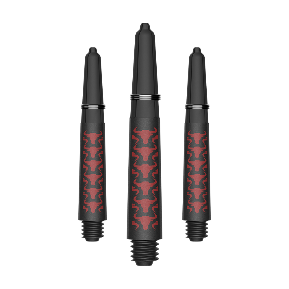 Bulls NL Capo Carbon Shafts - Red Das Bild zeigt ein Set aus roten Capo Carbon Shafts mit einer kurzen Länge von 34mm. Es handelt sich um Zubehör für Dartpfeile.