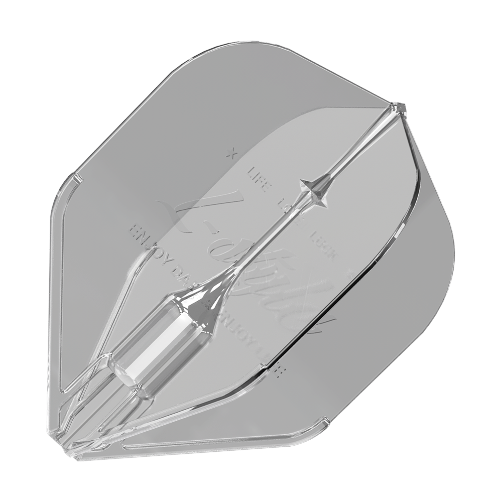 L-Style Fantom L1EZ Flights Clear Das Bild zeigt ein transparentes Dartflight des Modells "L-Style Fantom L1EZ Flights Clear". Das Flight hat eine klare, glänzende Oberfläche und eine spezielle Form für Stabilität beim Werfen.