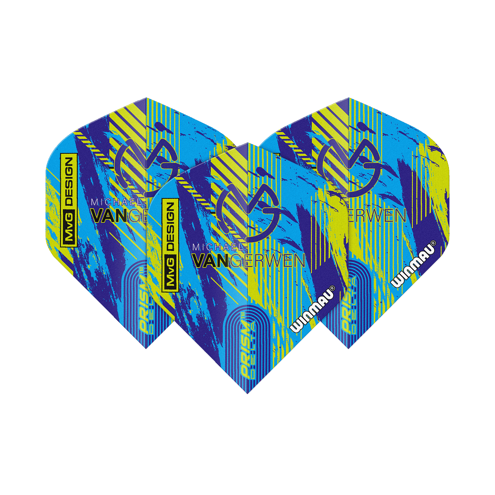 Das Bild zeigt die Winmau Delta Michael Van Gerwen Prism 04 Standard Flights. Sie haben ein farbenfrohes Design in Blau, Gelb und Schwarz mit dem Namen und Logo von Michael Van Gerwen.