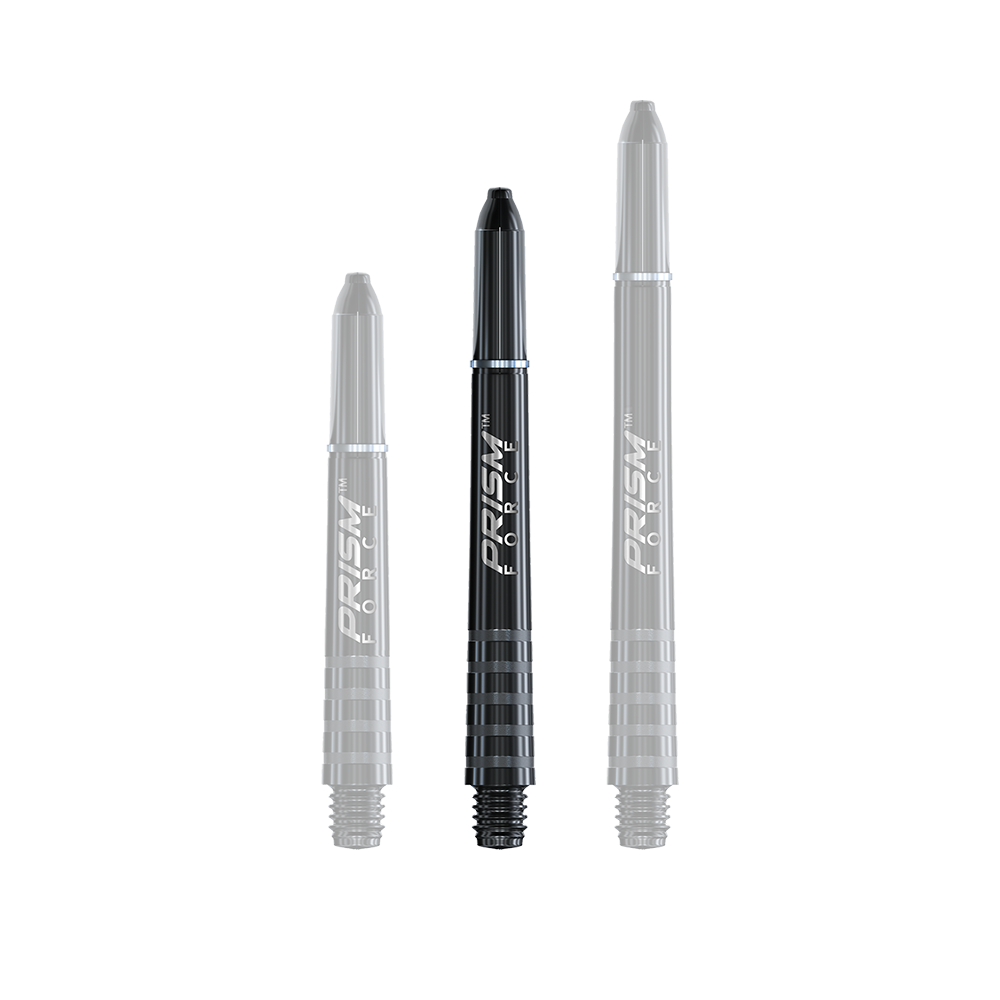 7020-401_Winmau_Prism_Force_Shafts_Schwarz_41mm_1qU0VHsryorfQJ Das Bild zeigt drei schwarze Winmau Prism Force Shafts in unterschiedlicher Länge. Sie sind für den Einsatz bei Dartpfeilen konzipiert.