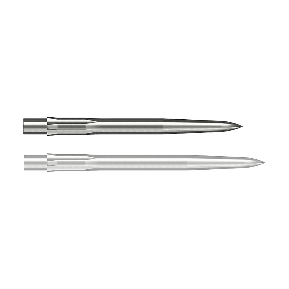 Caliburn System Steel Dart Tips - Smooth - Silver Auf dem Bild sind zwei silberne, glatte Stahlspitzen für Darts zu sehen. Sie sind länglich geformt und haben eine spitze Vorderseite.