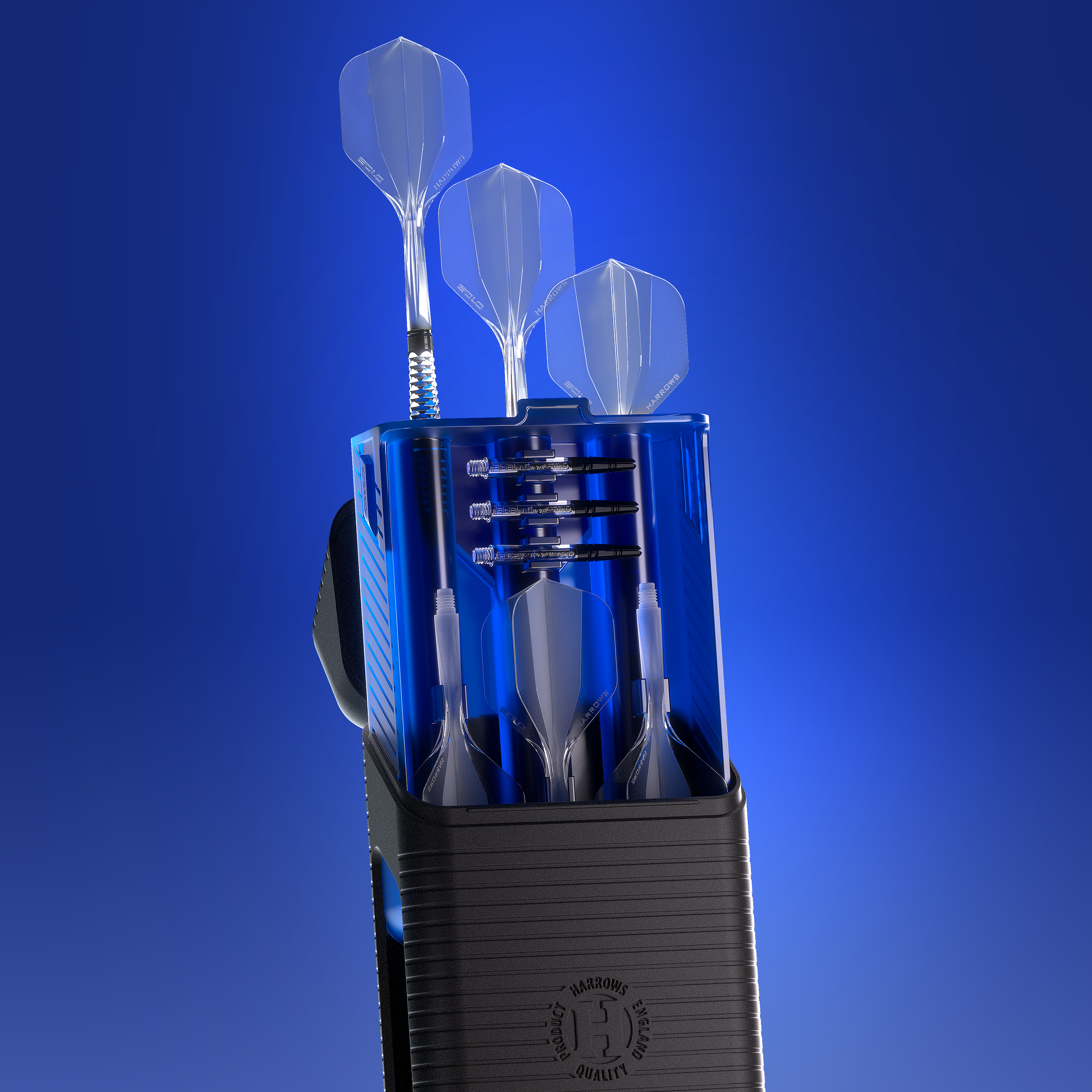 Harrows Vault Dartcase Das Bild zeigt eine Detailansicht des Harrows Vault Dartcase in Blau. Die Innenseite des Dartcases ist gut erkennbar.