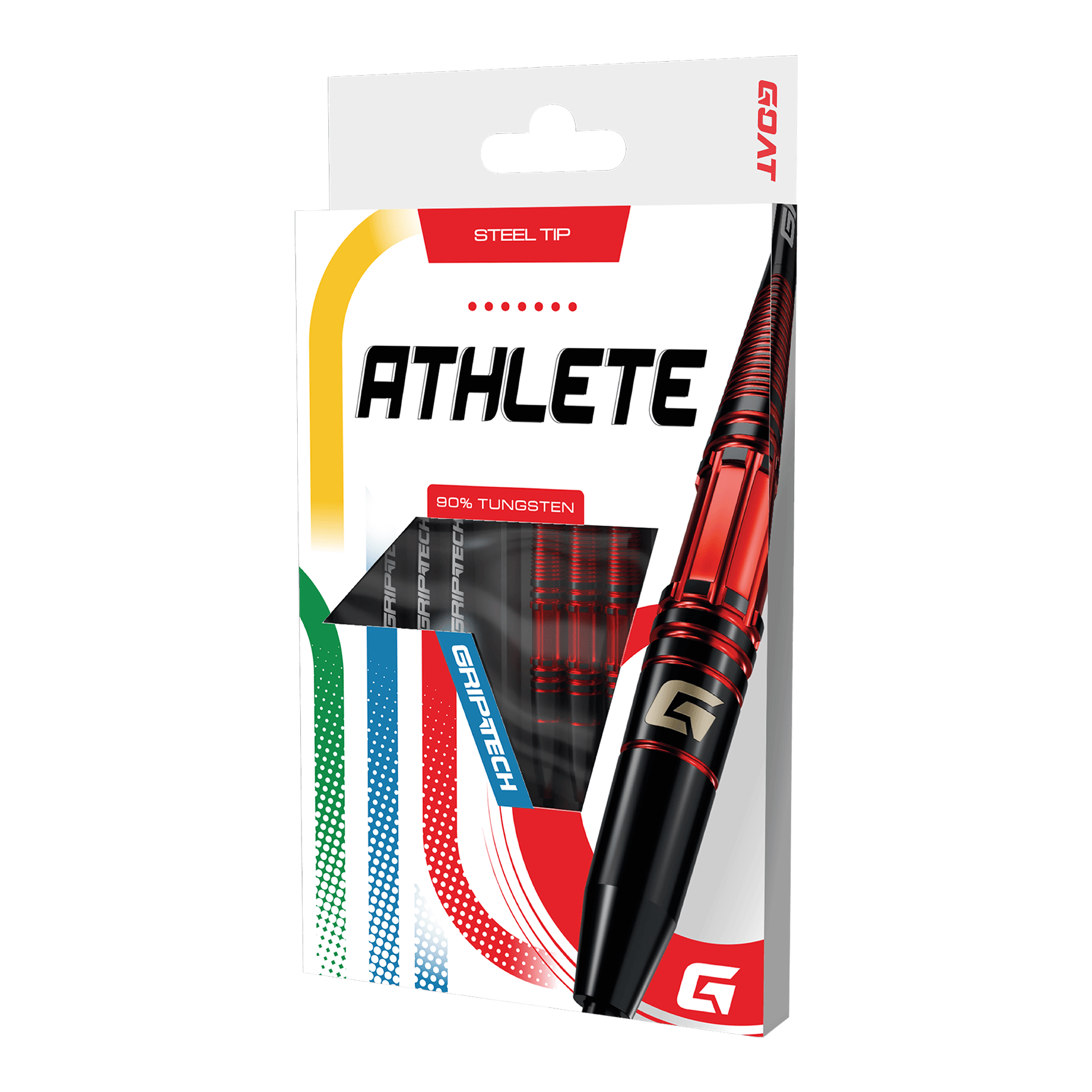 Auf dem Bild sind die GOAT Athlete Red Tungsten Steeldarts zu sehen. Sie zeichnen sich durch ein sportliches Aussehen aus.