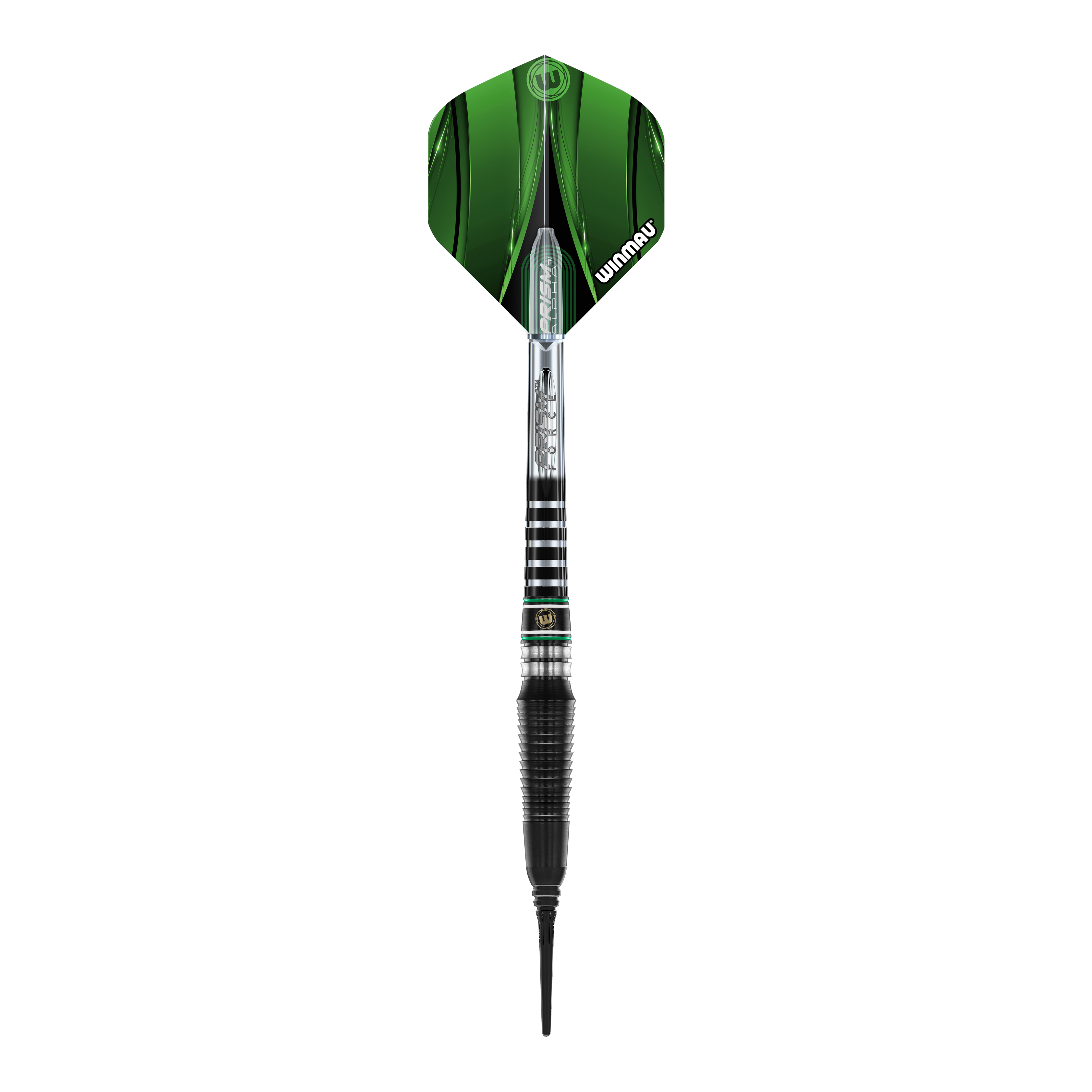 Winmau Sniper Black 2025 soft darts - 20g Das Bild zeigt einen Winmau Sniper Black 2025 Softdart mit einem Gewicht von 20g. Der Dart hat schwarze und silberne Elemente sowie rote und grüne Akzente am Schaft.