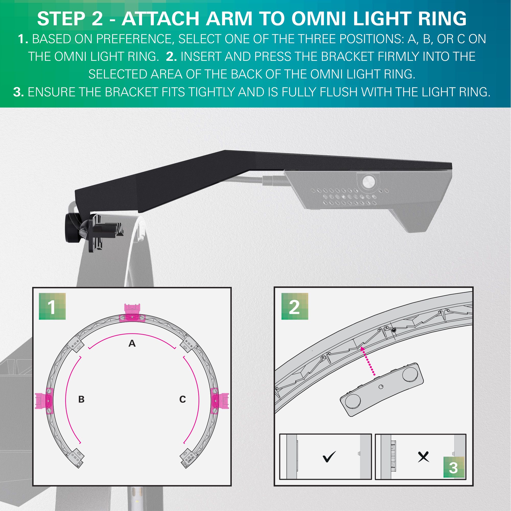 Das Bild zeigt den Target OMNI VIRT Kamera Arm. Es handelt sich um ein technisches Produkt für Dartsport-Zubehör.