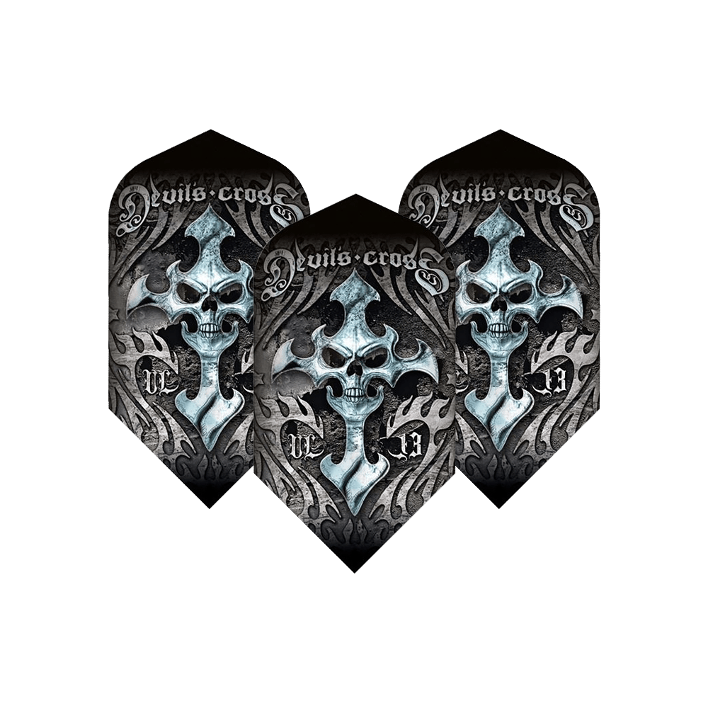 ALC9_Alchemy_Devils_Cross_Slim_Flights_1dirDsV07NRyda Das Bild zeigt drei Dart-Flights mit dem Namen "Alchemy Devils Cross Slim Flights". Das Design zeigt einen Totenkopf mit einem Kreuz und dunklen, ornamentalen Mustern.