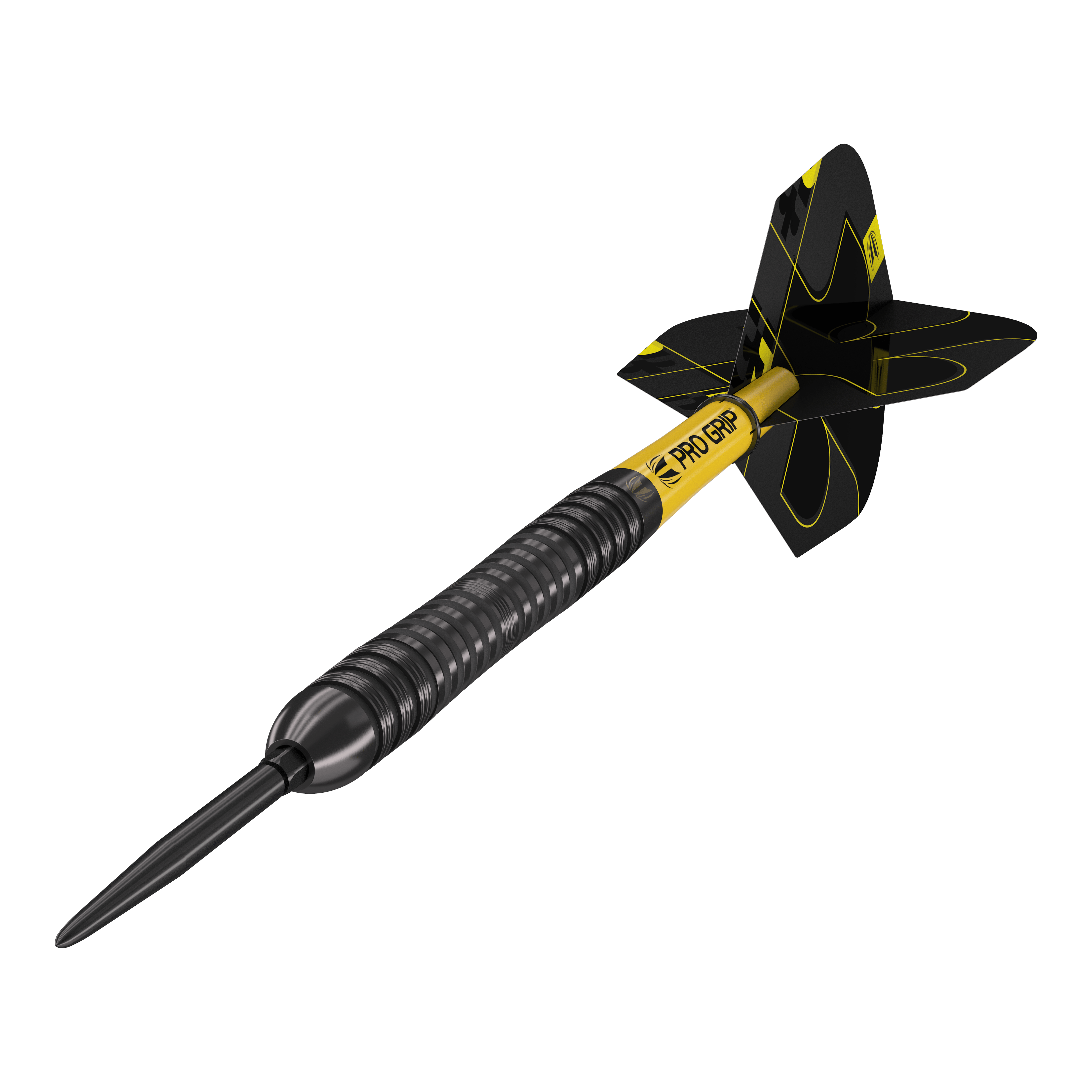 Target Bolide Void 04 Swiss Point steel darts Das Bild zeigt einen Target Bolide Void 04 Swiss Point Steeldart. Der Dart ist schwarz-gelb und hat eine strukturierte Griffzone sowie schwarze Flights mit gelben Linien.