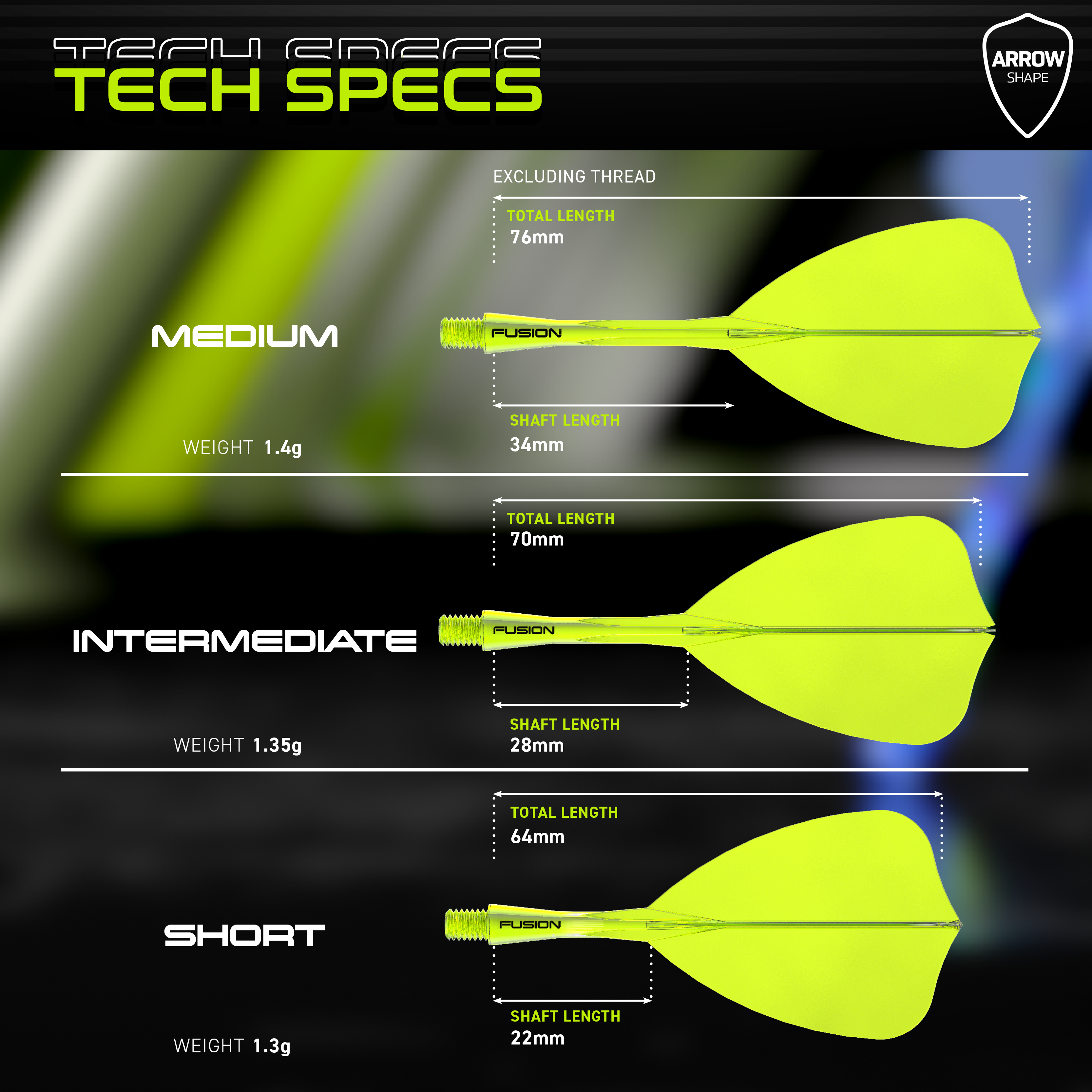 Das Bild zeigt das Winmau Fusion Flight-Shaft-System Arrow Neon Yellow. Es handelt sich um einen leuchtend gelben Flightschaft für Darts.