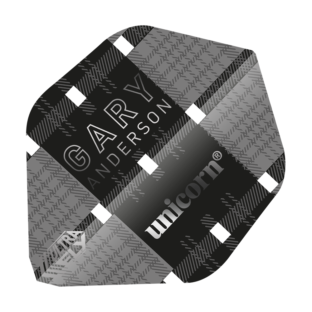 UN25_69030_Unicorn_UltraFly75_Gary_Anderson_World_Champion_Ghost_AR1_Flights_1 Dies ist ein Dart-Flügel mit einem Schwarz-Grau-Karo-Muster und weißen Akzenten. Auf dem Flügel stehen die Namen "Gary Anderson" und "unicorn".