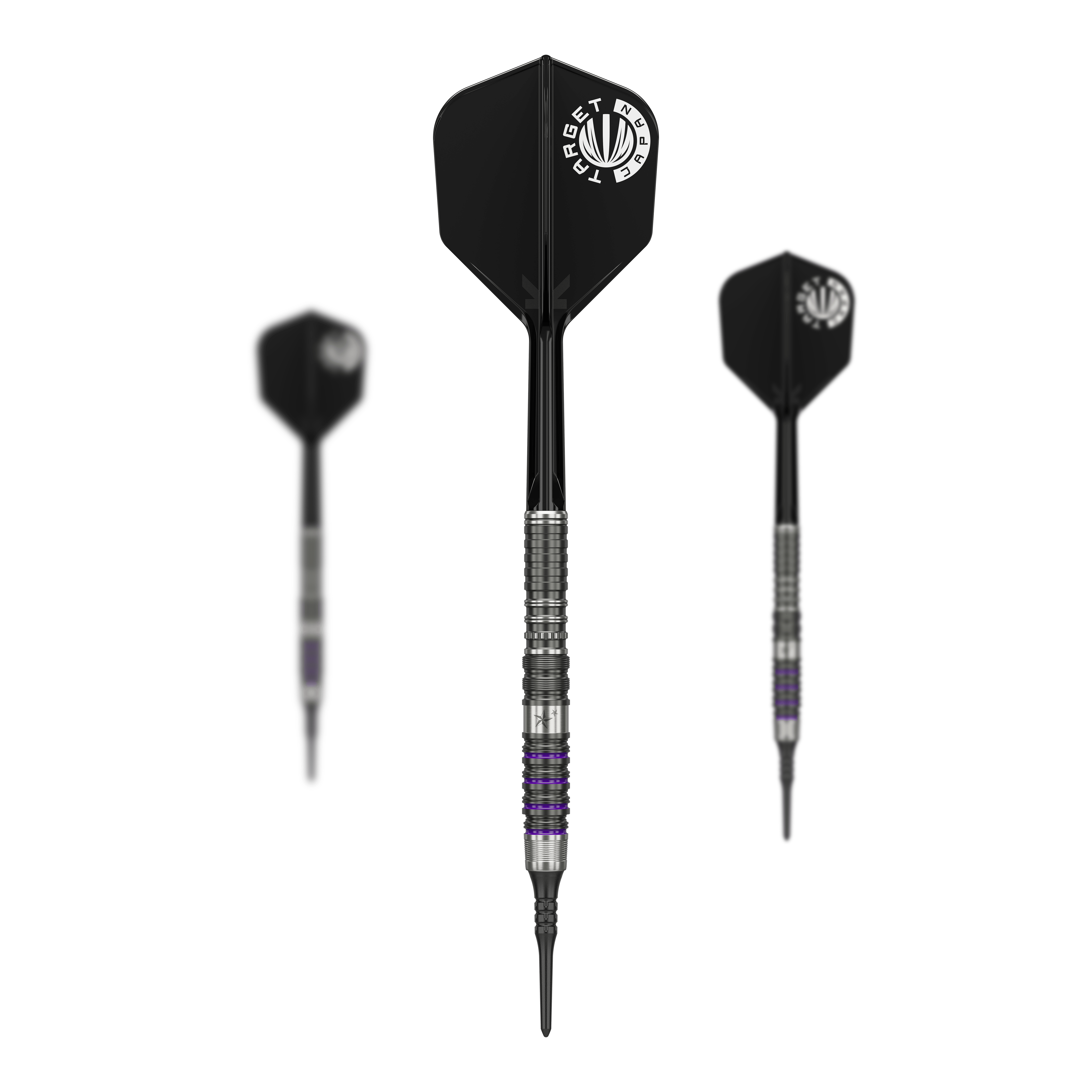 Target Japan Prime Series Yuta Hayashi Sirius GEN3 MAX Soft Darts - 21.5g Das Bild zeigt drei Softdarts aus der Serie "Target Japan Prime Series Yuta Hayashi Sirius GEN3 MAX" mit einem Gewicht von 21,5g. Die Darts haben schwarze Flights mit weißem Aufdruck und einen silbernen, detailliert gearbeiteten Barrel.
