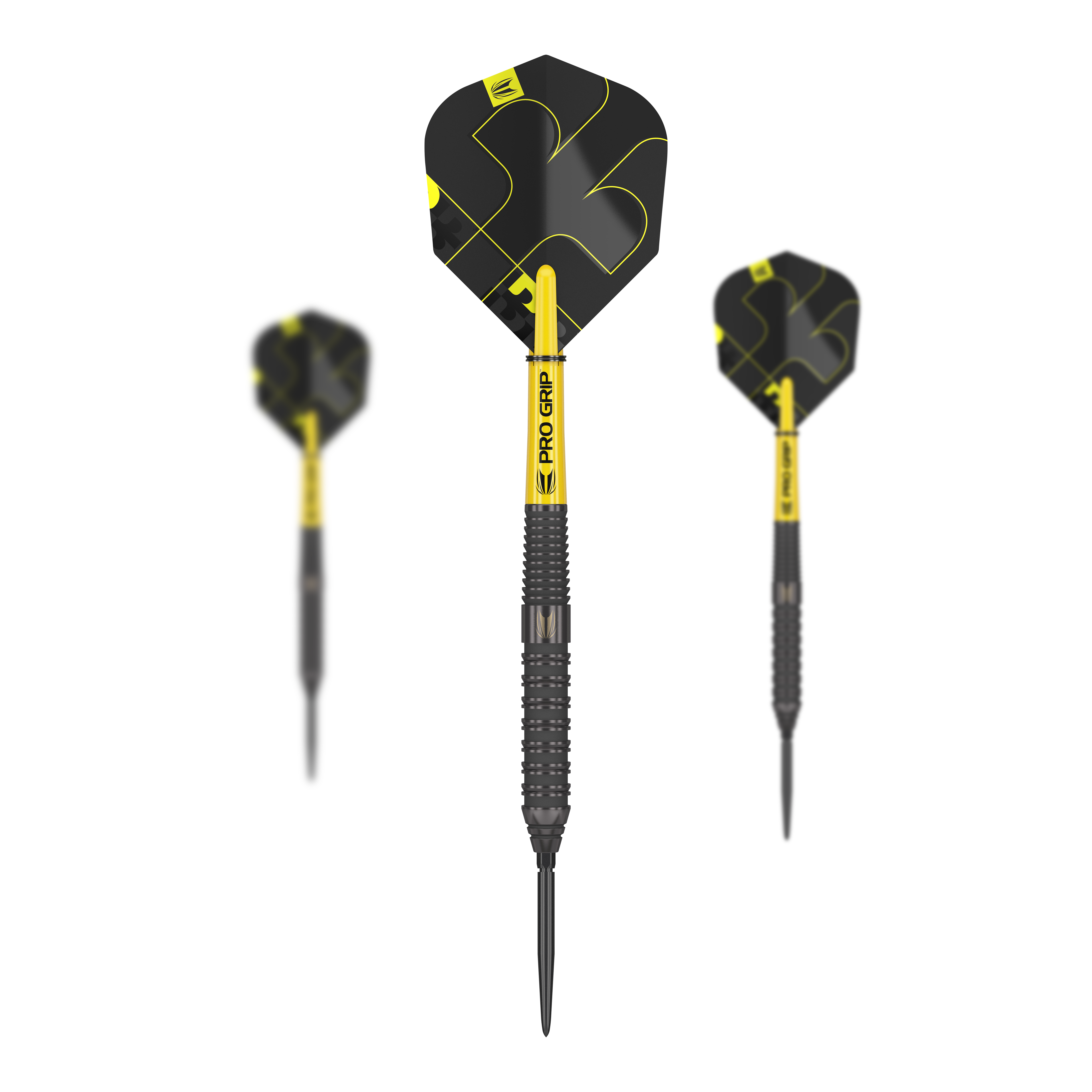 Target Bolide Void 02 Swiss Point steel darts Auf dem Bild sind drei Steeldarts des Modells "Target Bolide Void 02 Swiss Point" zu sehen. Die Darts sind schwarz-gelb und haben eine strukturierte Griffzone sowie auffällige Flights.