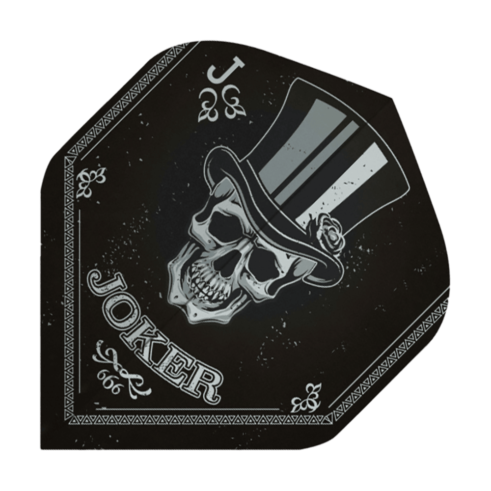 P75_Pentathlon_Metro_Joker_Standard_Flights_1 Das Bild zeigt das Produkt "Pentathlon Metro Joker Standard Flights". Auf dem Flight ist ein Totenkopf mit Zylinder und das Wort "JOKER" abgebildet.