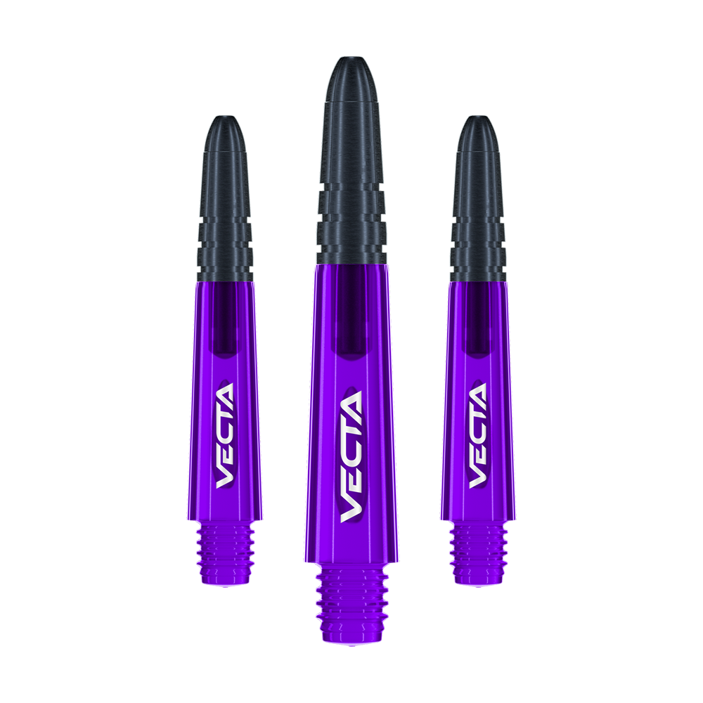 Winmau Vecta Shafts - Purple Black Auf dem Bild sind drei lilafarbene und schwarze Dartschäfte der Marke Vecta zu sehen. Die Schäfte sind 34 mm lang und werden als Set geliefert.