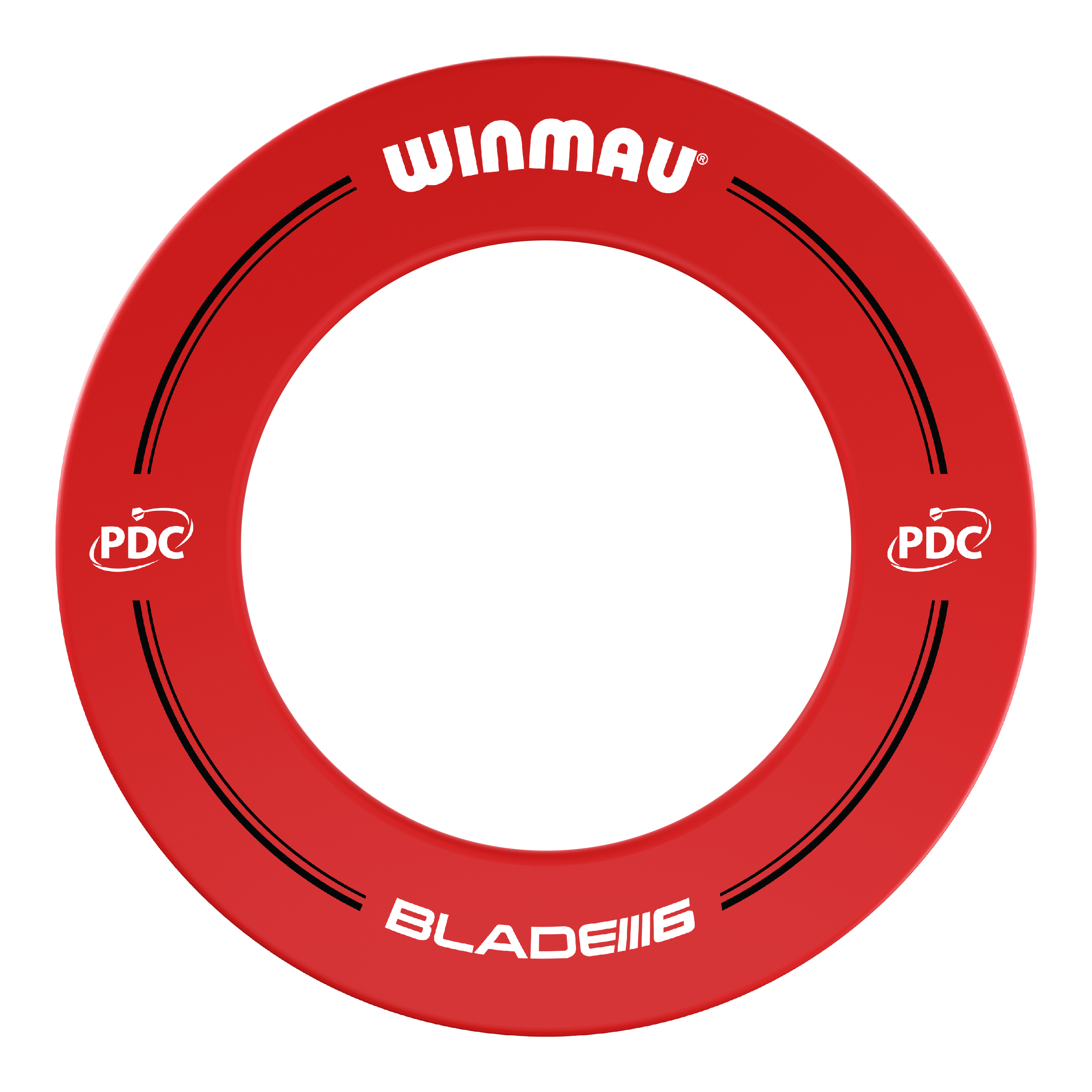 Winmau PDC Dartboard Surround - Red Das Bild zeigt einen roten Dartboard-Surround der Marke Winmau mit der Aufschrift "BLADE 6". Auf dem Ring sind außerdem PDC-Logos und schwarze Designelemente zu sehen.