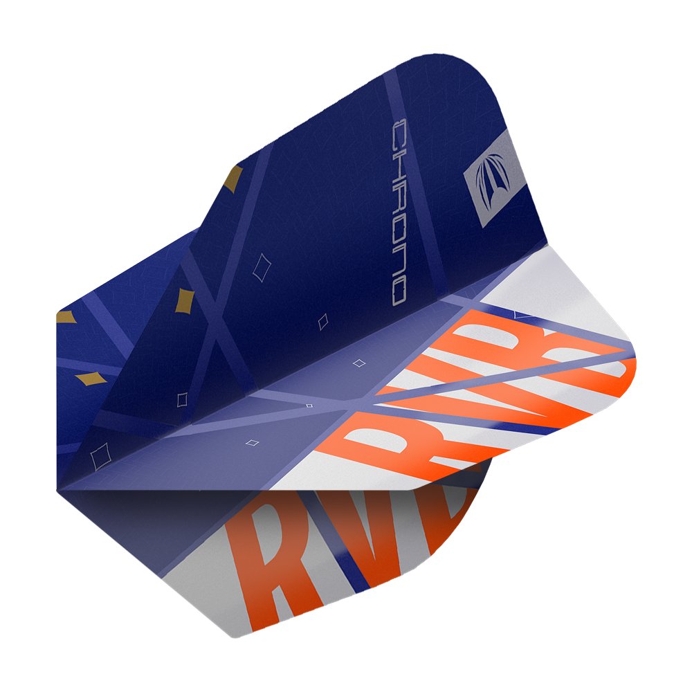 Target Pro Ultra Raymond Van Barneveld Chrono No6 Flights - 3 Sets Das Bild zeigt ein Dartflight mit dem Design "Target Pro Ultra Raymond Van Barneveld Chrono No6". Das Flight ist überwiegend dunkelblau mit orangen und weißen Akzenten sowie der Aufschrift "RVB" und "Chrono".