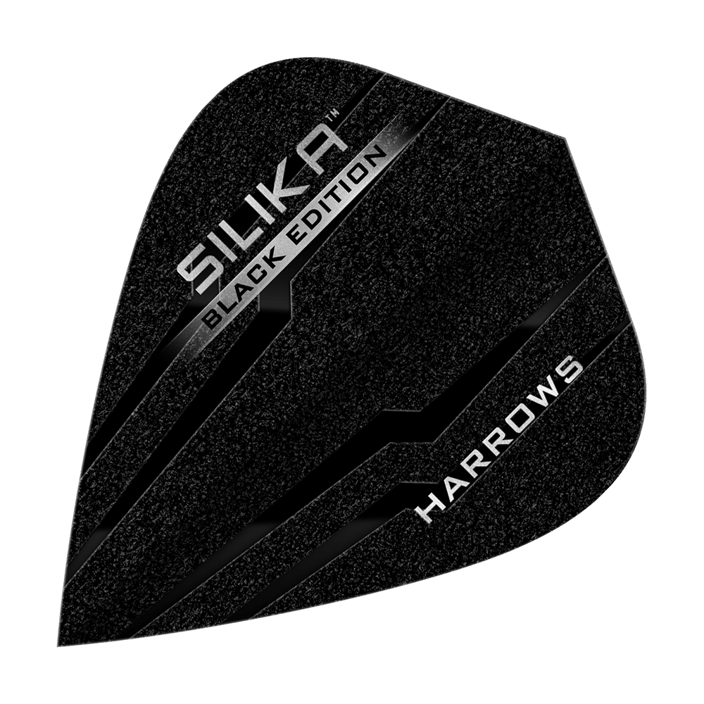 Harrows Silika Black Edition Kite Flights Das Bild zeigt ein Harrows Silika Black-Edition Kite Flight in schwarzem Design. Auf der Oberfläche stehen die Wörter "Silika Black Edition" und "Harrows" in silberner Schrift.