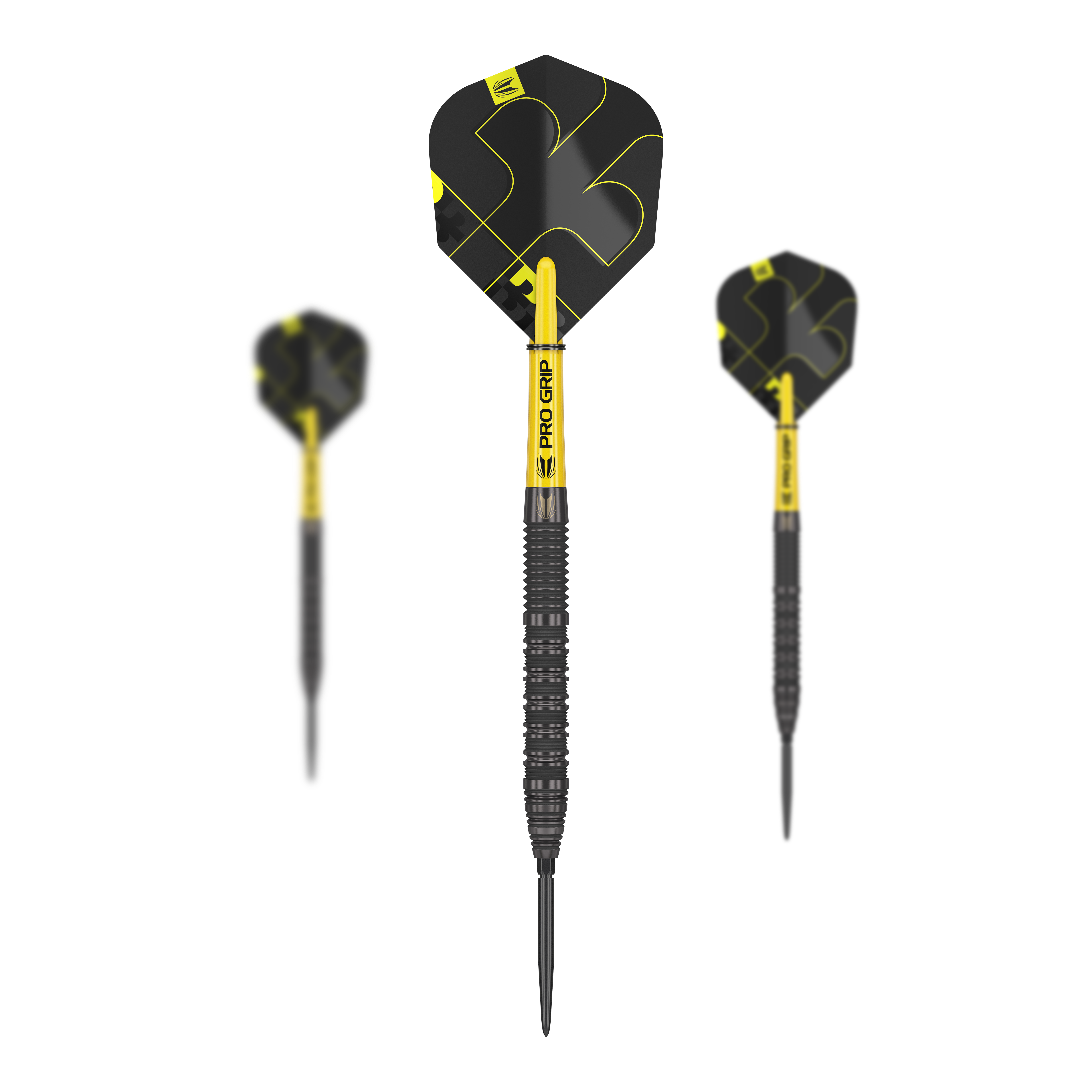Target Bolide Void 01 Swiss Point Steeldarts Das Bild zeigt drei Steeldarts des Produkts "Target Bolide Void 01 Swiss Point". Die Darts sind in Schwarz und Gelb gehalten und haben einen modernen, sportlichen Look.