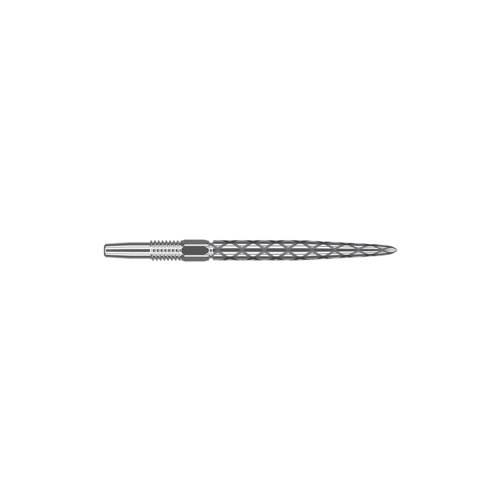 Target Swiss Diamond Pro Silver Points dart tips Das Bild zeigt eine silberne Dartspitze mit einem rautenförmigen Muster. Sie ist lang und schmal gestaltet und eignet sich für Präzisionswürfe beim Dartspiel.