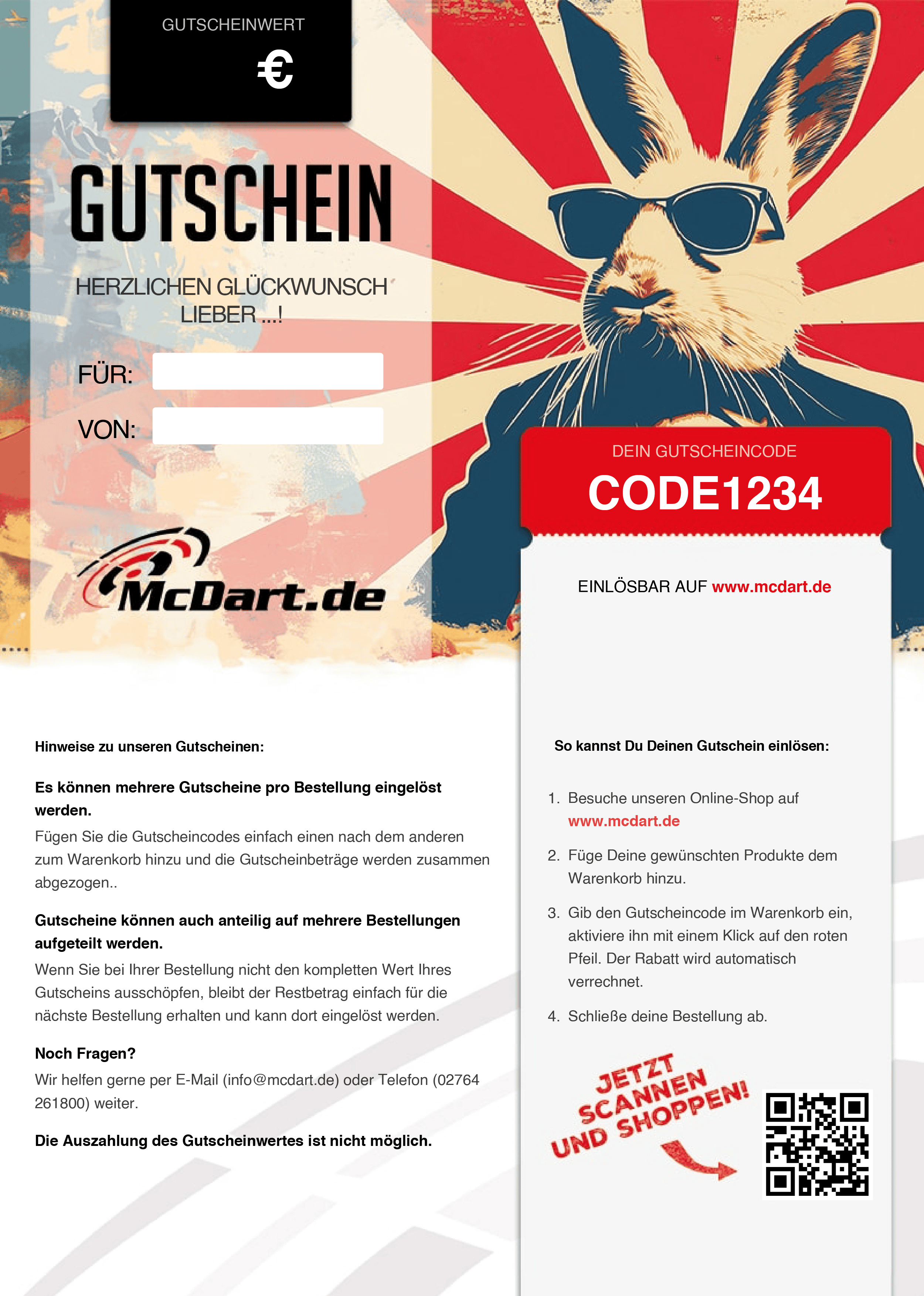 Easter voucher Auf dem Bild ist ein Gutschein von McDart.de mit einem coolen Hasen mit Sonnenbrille zu sehen. Rechts befindet sich ein rot hinterlegter Gutscheincode und Hinweise zur Einlösung im Online-Shop.