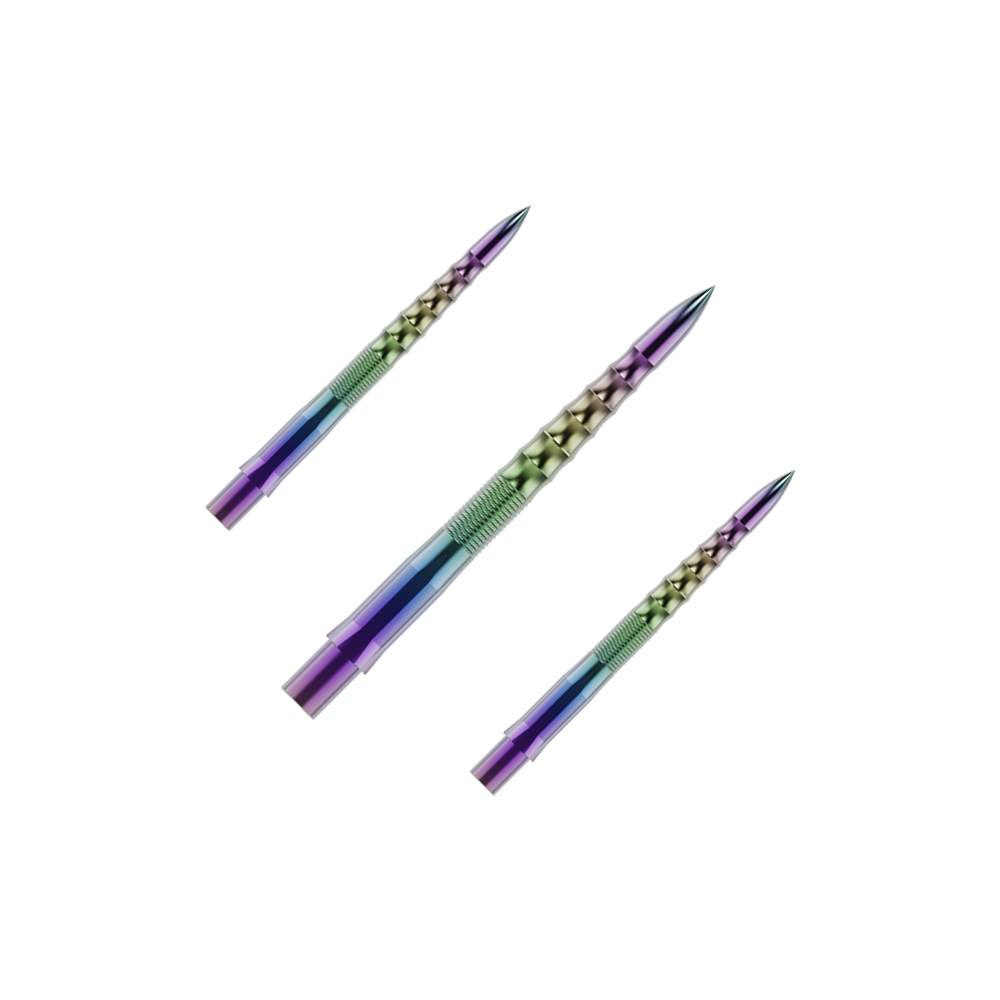 Auf dem Bild sind drei bunte Steeldartspitzen zu sehen. Sie haben ein metallisch glänzendes, geripptes Design in verschiedenen Farben.