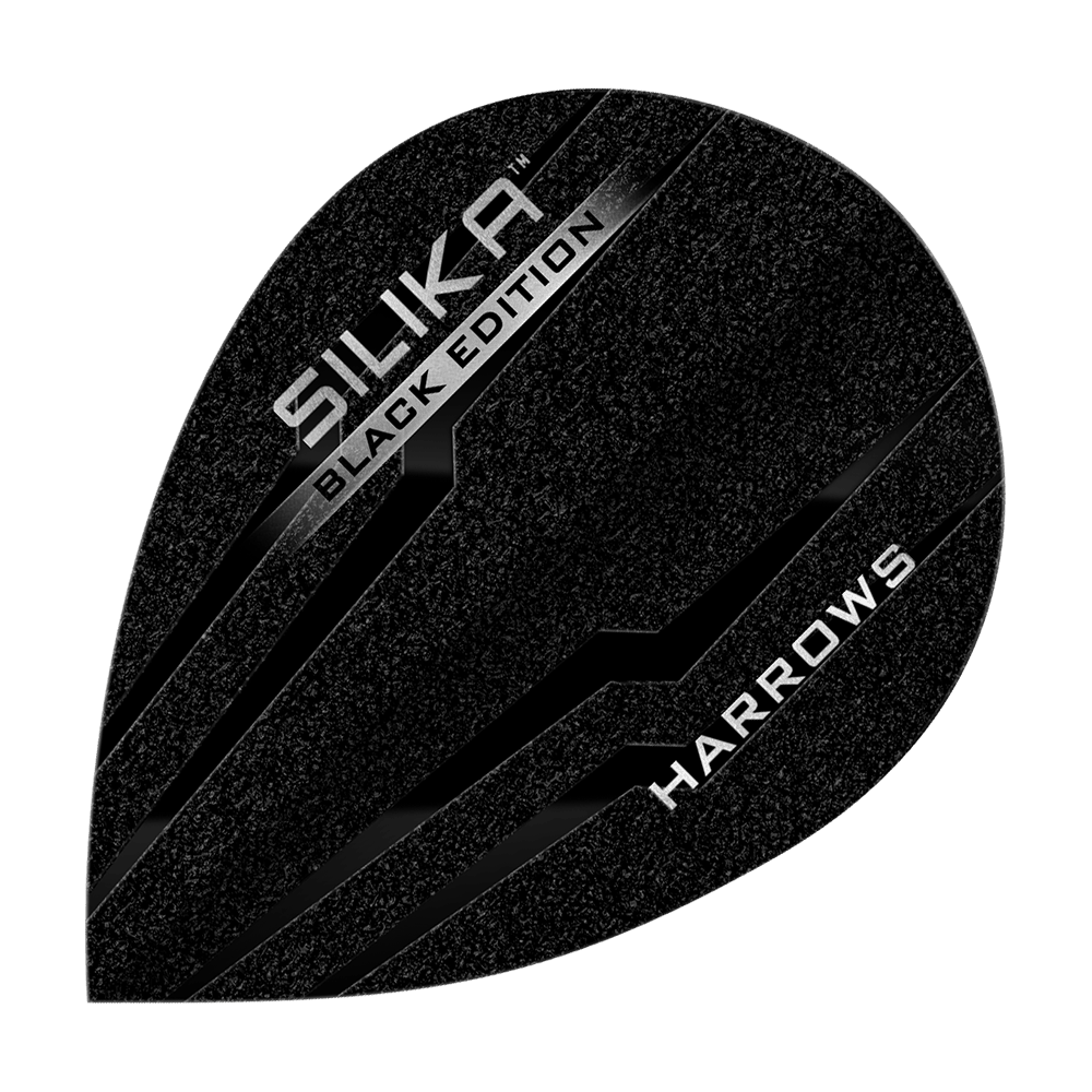 Harrow's Silica Black-Edition Pear Flights Dieses Bild zeigt das Produkt "Harrows Silika Black-Edition Pear Flights". Die Flights sind schwarz mit silbernen Akzenten und dem Text "SILIKA BLACK EDITION" sowie "HARROWS" darauf.