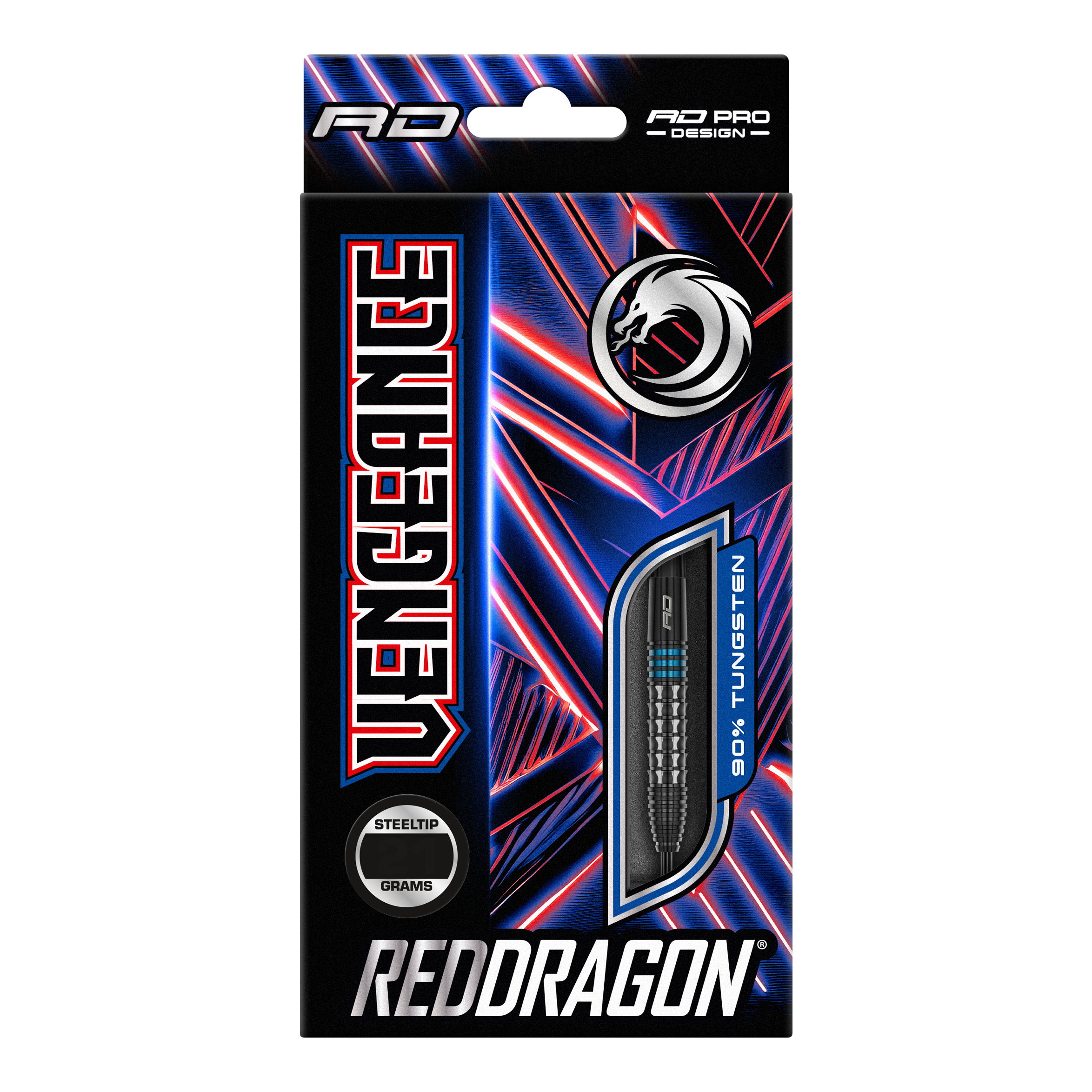 Red Dragon Vengeance Blue Steel Darts Auf dem Bild ist die Verpackung der "Red Dragon Vengeance Blue Steeldarts" zu sehen. Die Schachtel ist schwarz mit blauen und roten Akzenten und zeigt einen Dartpfeil mit dem Hinweis auf 90% Tungsten.