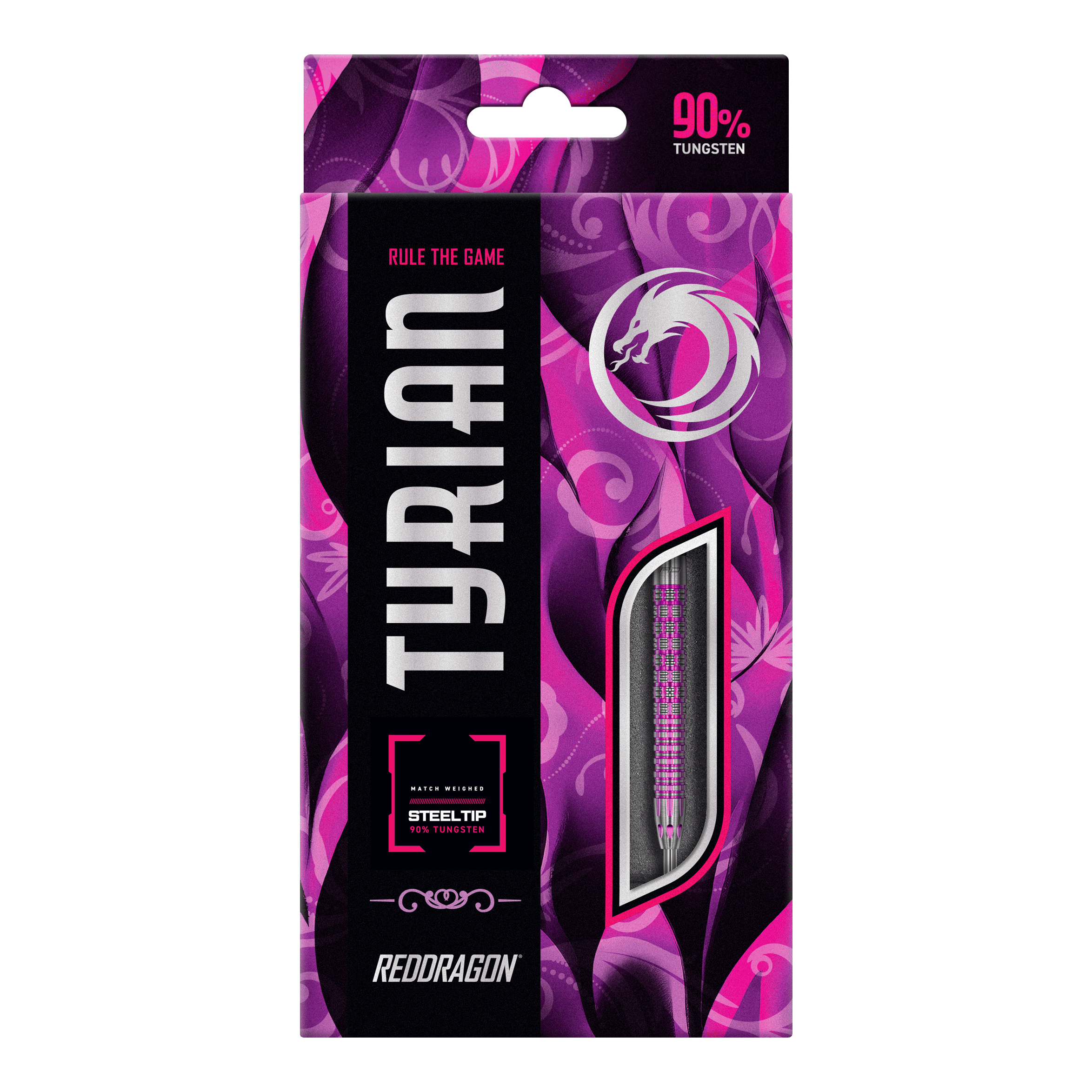 Red Dragon Tyrian Steeldarts Die Abbildung zeigt die Verpackung der "Red Dragon Tyrian Steeldarts". Die Schachtel ist überwiegend in Lila- und Rosatönen gestaltet und hebt hervor, dass die Darts aus 90% Tungsten bestehen.
