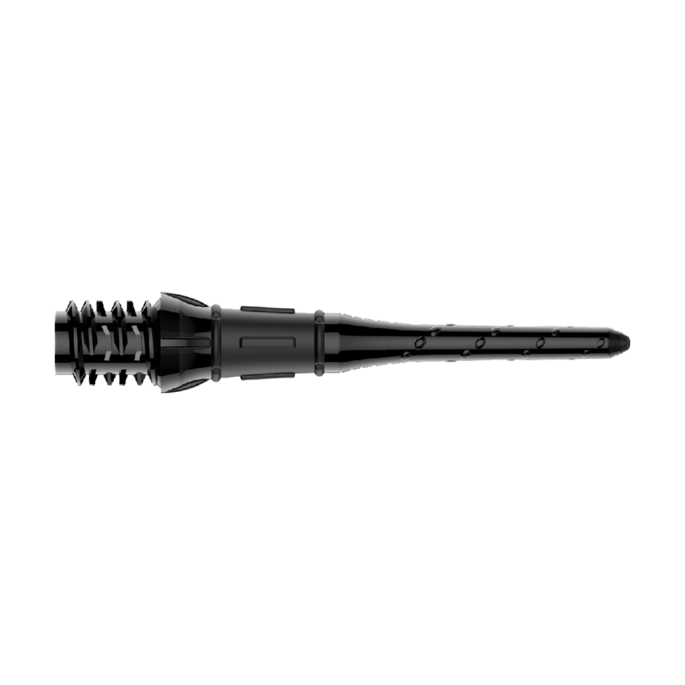 Premium Lippoints (30er Pack) - Spitzen Auf dem Bild ist eine schwarze Dartspitze zu sehen. Sie hat ein schlankes Design mit kleinen Einkerbungen und Details entlang der Spitze.