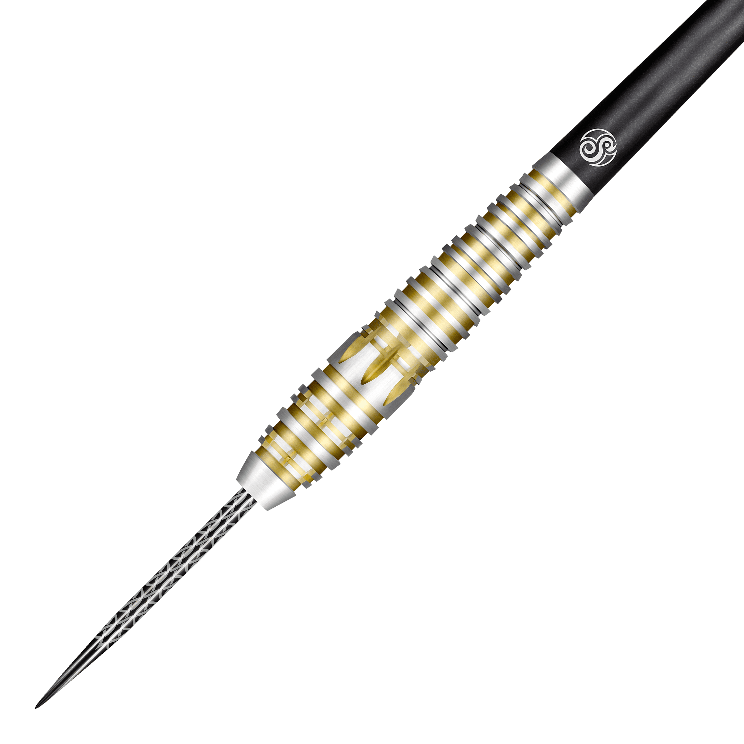 Shot Celt Balor Steeldarts Das Bild zeigt einen Shot Celt Balor Steeldart mit silbernen und goldenen Rillen am Griff. Die Spitze ist aus Metall und der Schaft ist schwarz.