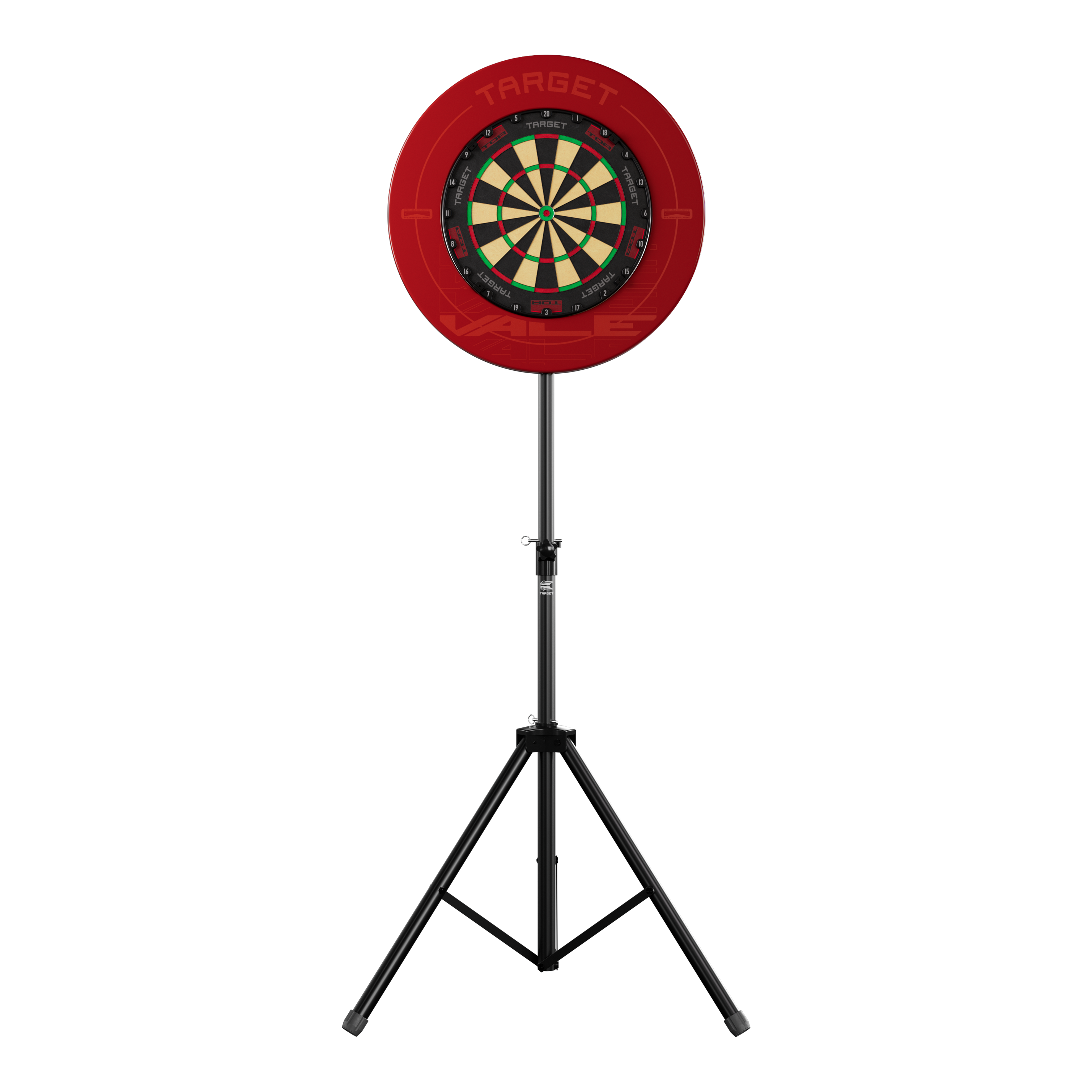 Target Dartboard Stand Das Bild zeigt einen Dartboard-Ständer mit einer roten Umrandung und einer klassischen Dartscheibe. Der Ständer steht stabil auf drei Beinen und trägt das Produkt "Target Dartboard Stand".