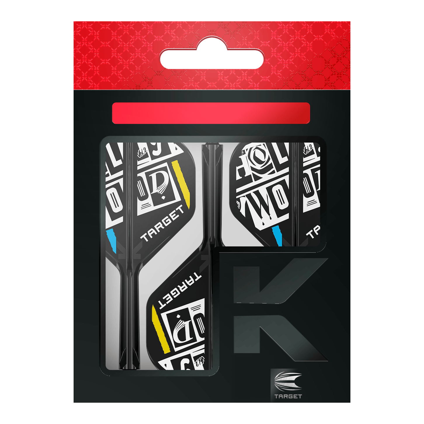Target K-Flex Chris Dobey No2 Standard Flight Shaft System Das Bild zeigt eine Packung der "Target K-Flex Chris Dobey No2 Standard Flights". Die Flights sind schwarz-weiß mit gelben und blauen Akzenten gestaltet und befinden sich in einer schwarzen Verpackung mit rotem Aufhänger.