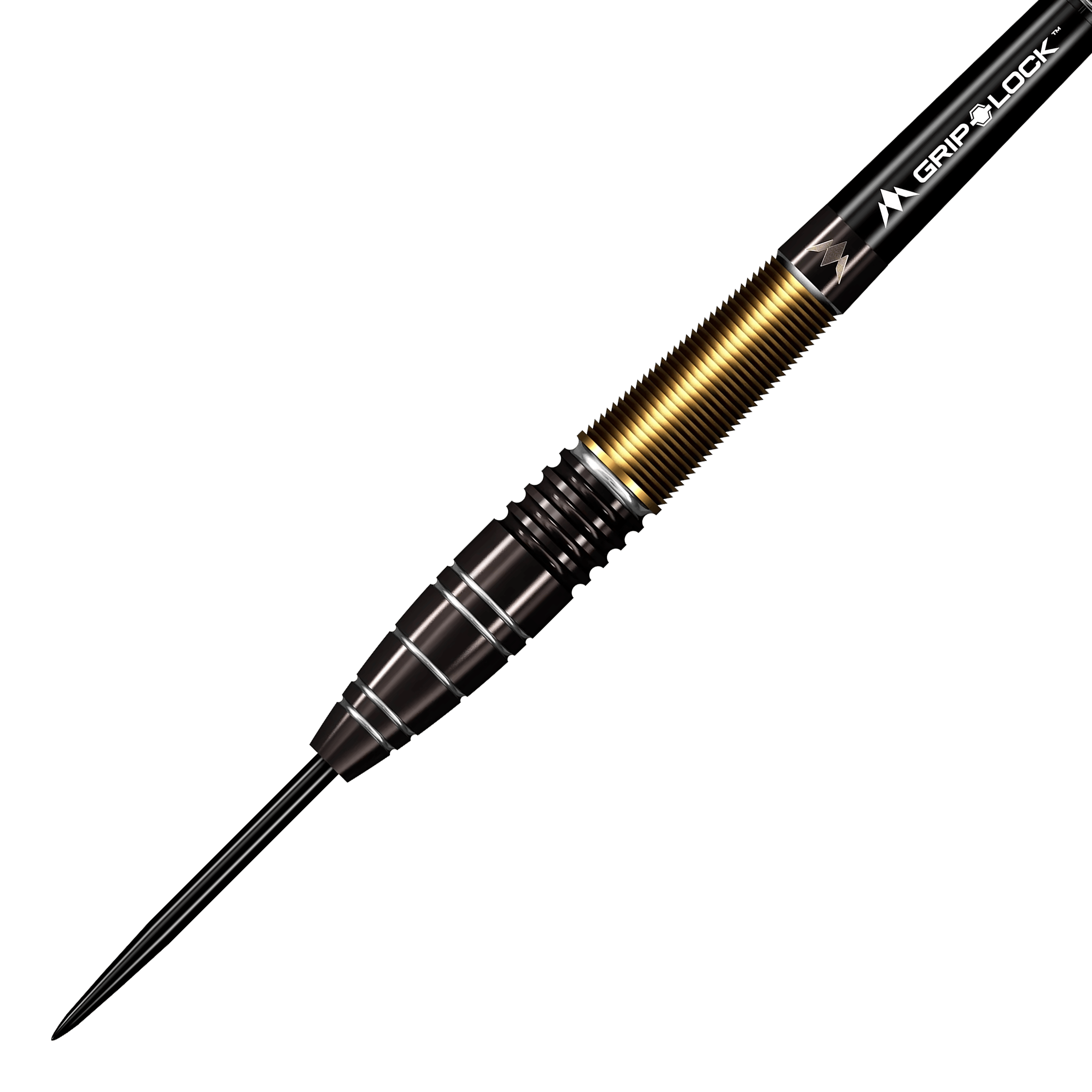 Mission Crypt Model 1 Steel Darts - 22g Das Bild zeigt einen Mission Crypt Model 1 Steeldart mit einem Gewicht von 22g. Der Dart hat ein elegantes Design mit schwarzen und goldenen Akzenten.