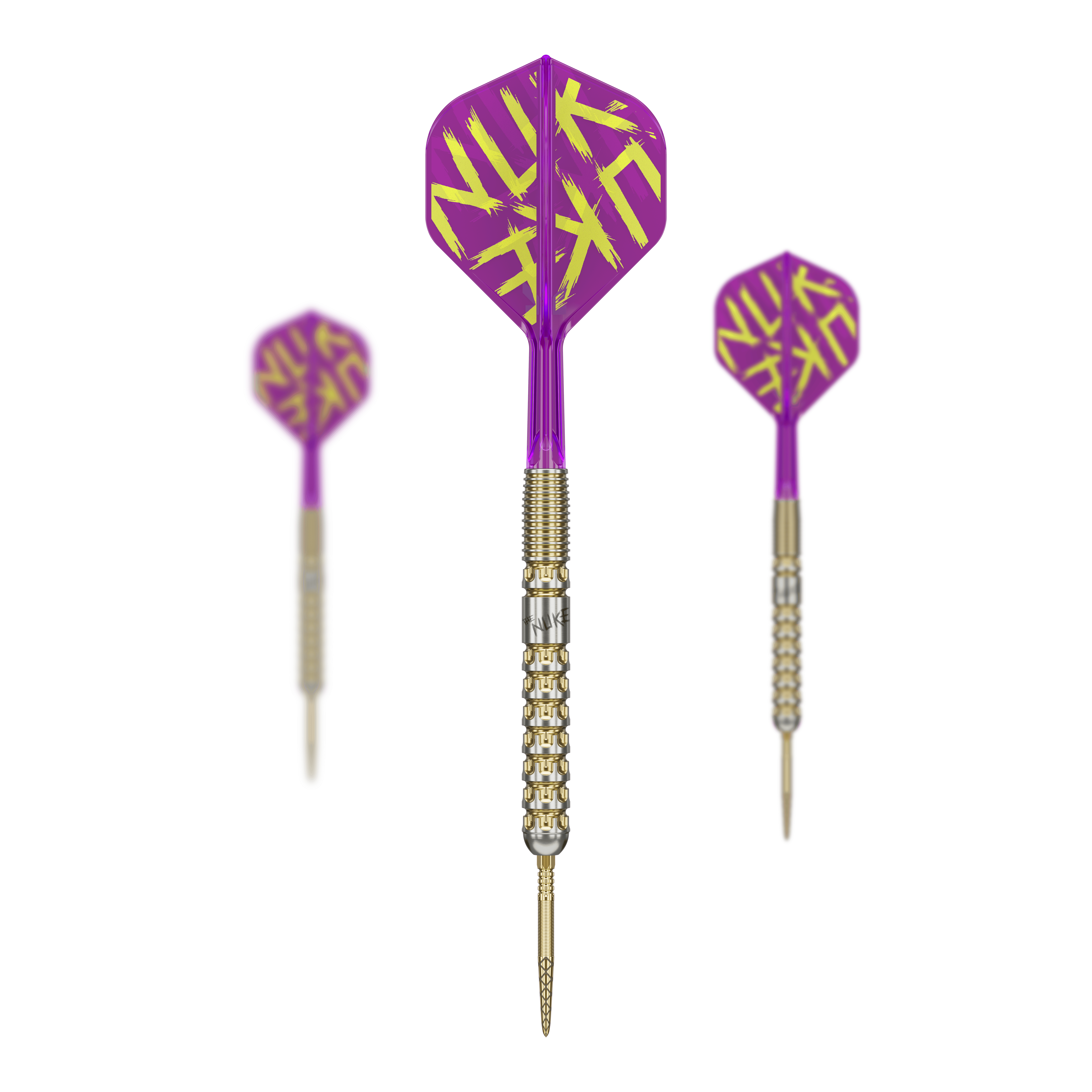 Target Luke Littler GEN1 Prodigy Swiss Point Steel Darts Das Bild zeigt drei Steeldarts der Marke "Target Luke Littler GEN1 Prodigy Swiss Point". Die Darts haben lila Flights mit gelber Schrift und gold-silberne Spitzen und Griffe.