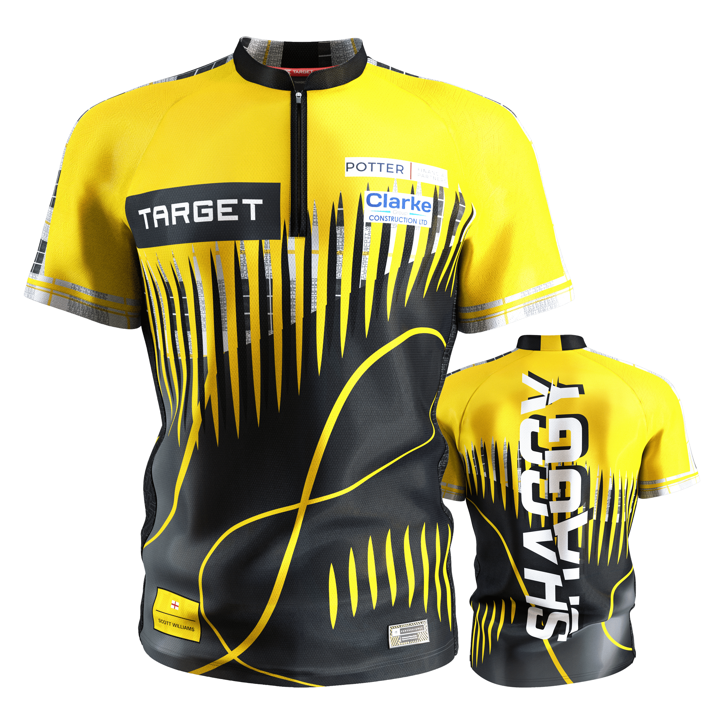 Target Coolplay Scott Williams 2025 dart shirt Das Bild zeigt das "Target Coolplay Scott Williams 2025 Dartshirt" in Gelb und Schwarz mit auffälligem Muster. Auf der Rückseite steht groß das Wort "SHAGGY".
