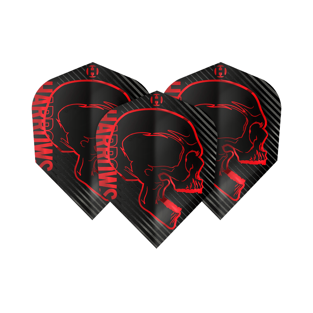 Harrows Rage Red No6 Flights Das Bild zeigt drei schwarze Dartflights mit einem roten Totenkopfdesign und dem Schriftzug "Harrows" an der Seite. Die Flights sind Teil des Produkts "Harrows Rage Red No6 Flights".