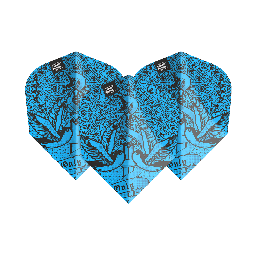 TG485_335450_Target_ProUltra_Ink_Blue_No6_Flights_1AEe3SADaeXqTv Das Bild zeigt die "Target ProUlta Ink Blue No6 Flights". Die Flights sind blau mit einem kunstvollen Muster und einem Vogelmotiv gestaltet.