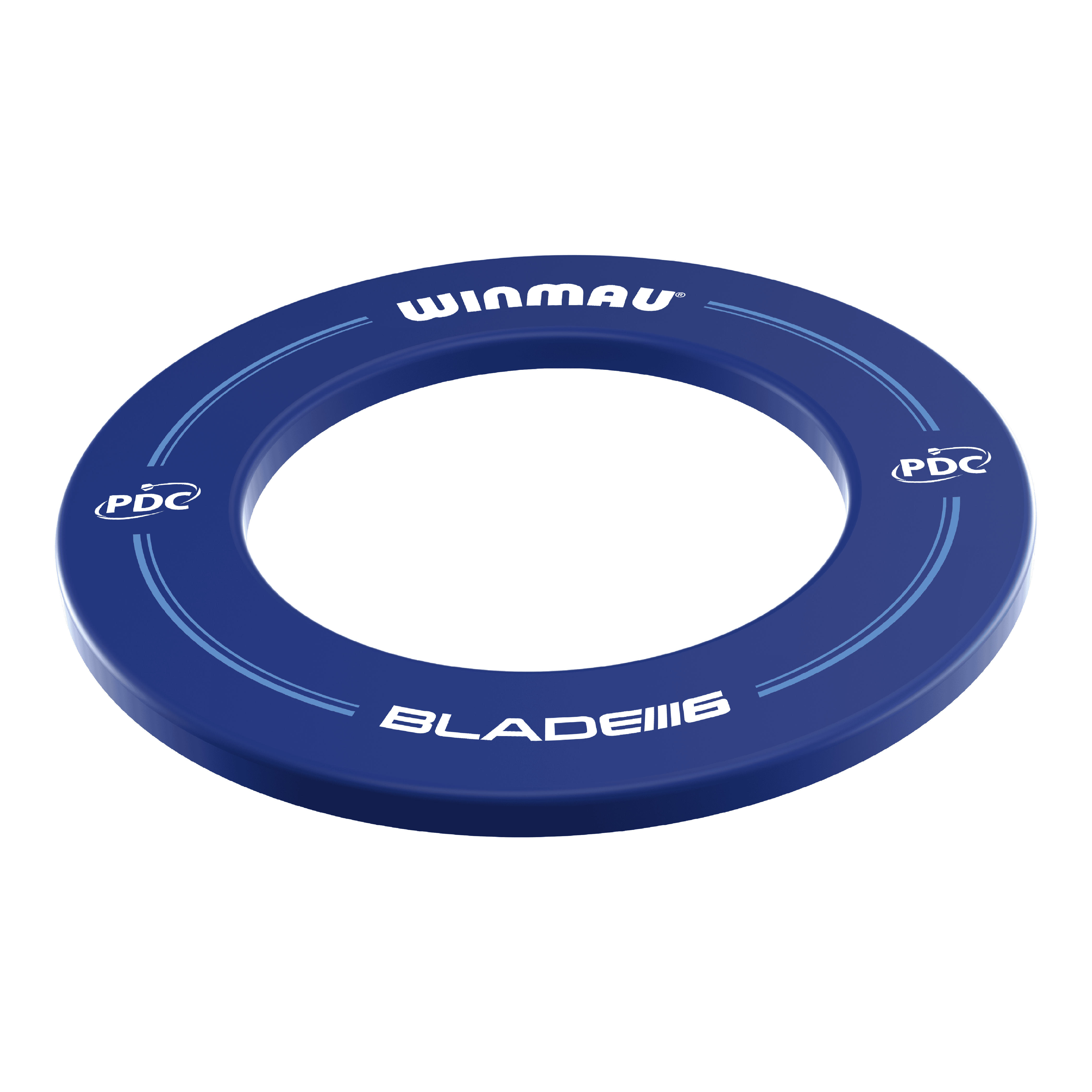 Winmau PDC Dartboard Surround - Blue Das Bild zeigt ein blaues Dartboard-Surround der Marke Winmau mit der Aufschrift "BLADE 6" und "PDC". Es ist rund und dient zum Schutz der Wand rund um eine Dartscheibe.