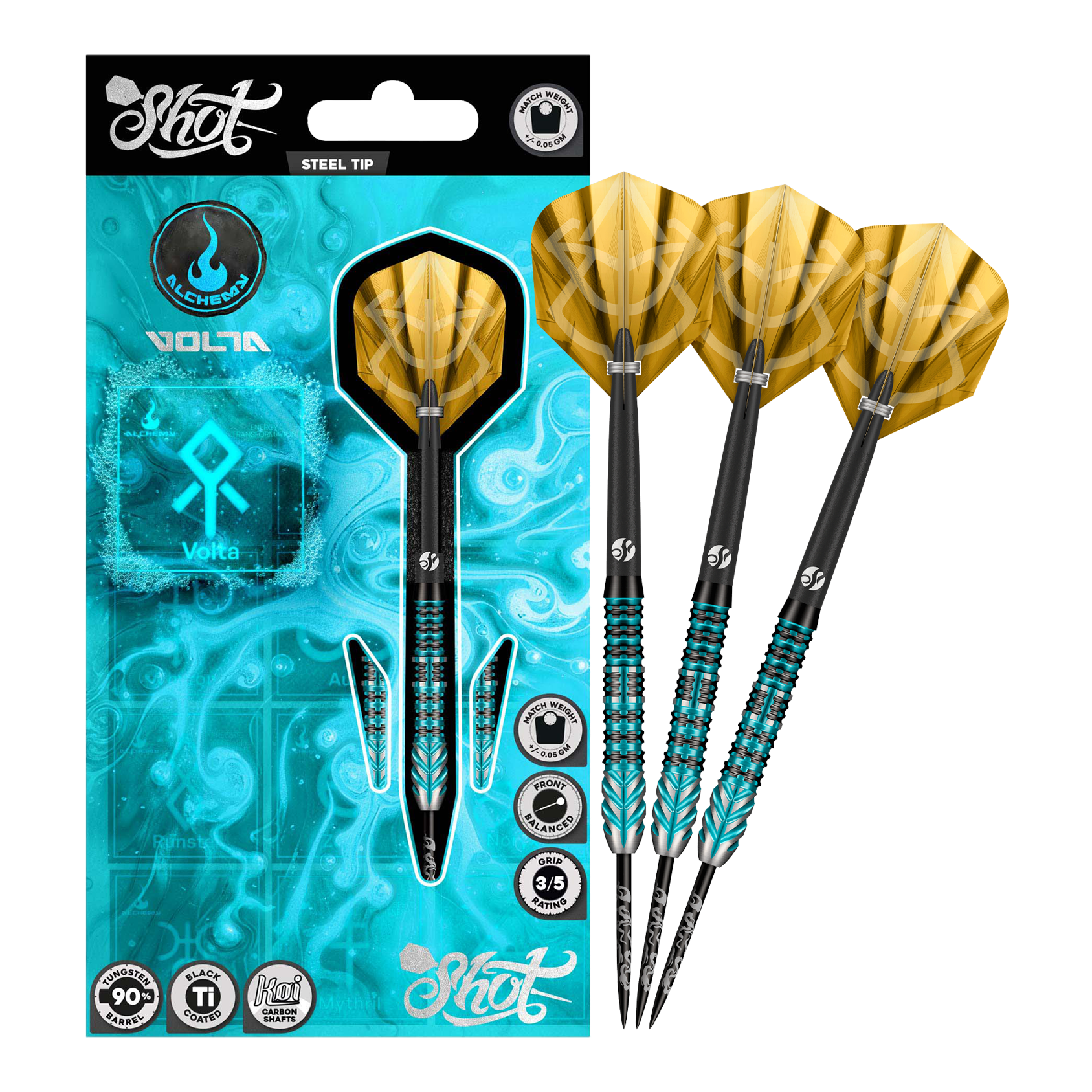 Shot Alchemy Volta steel darts Das Bild stellt die Shot Alchemy Volta Steeldarts dar. Die Steeldarts sind hochwertig verarbeitet.