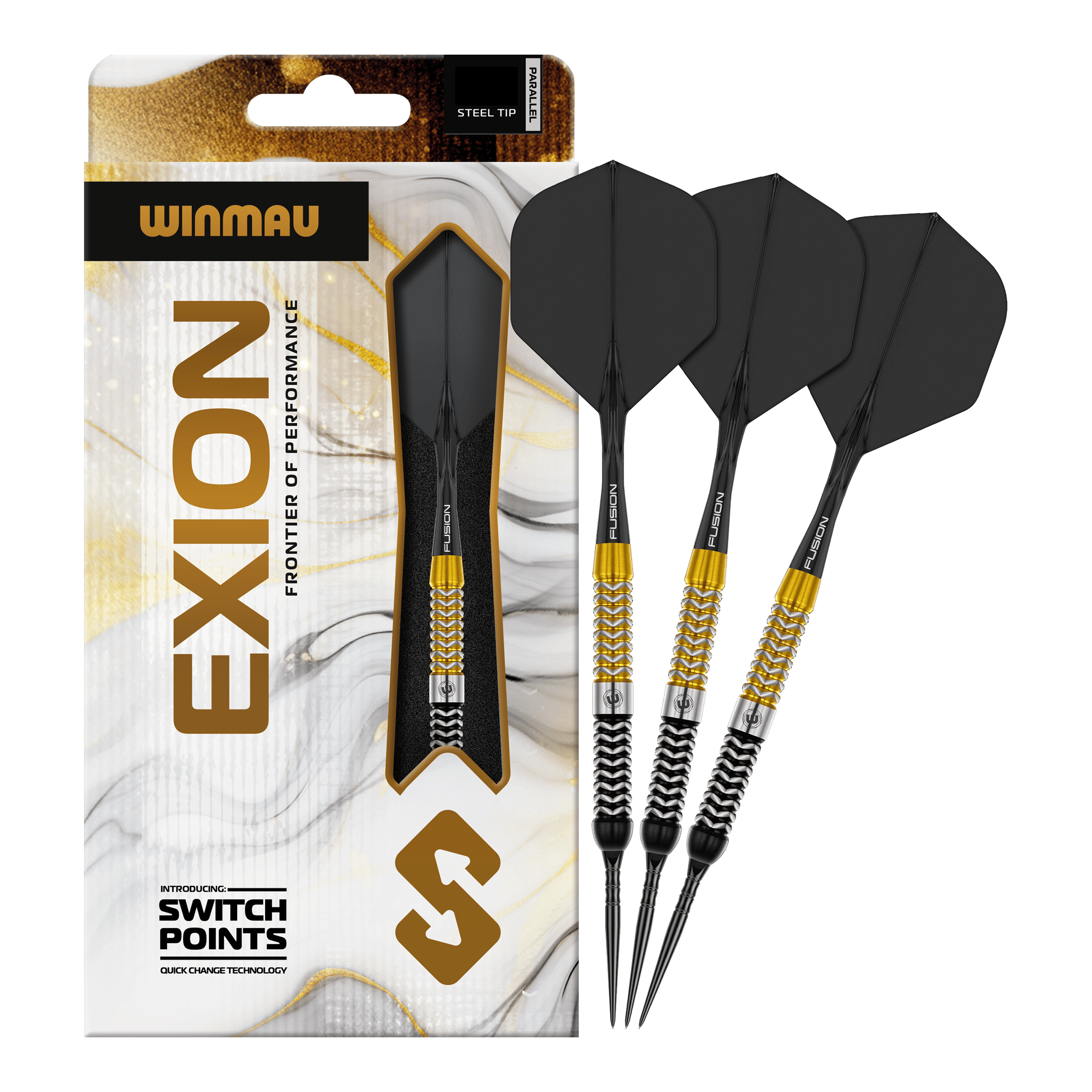 Auf dem Bild sind die Winmau Exion Parallel Switch Point Steeldarts komplett abgebildet. Die Darts eignen sich ideal für professionelle Spieler.