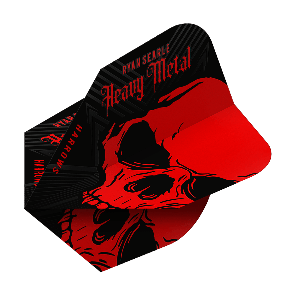 Harrow's Ryan Searle Heavy Metal No6 Flights Das Bild zeigt das Produkt "Harrows Ryan Searle Heavy Metal No6 Flights". Die Flights sind schwarz und rot gestaltet und zeigen einen auffälligen Totenkopf mit dem Schriftzug "Heavy Metal".
