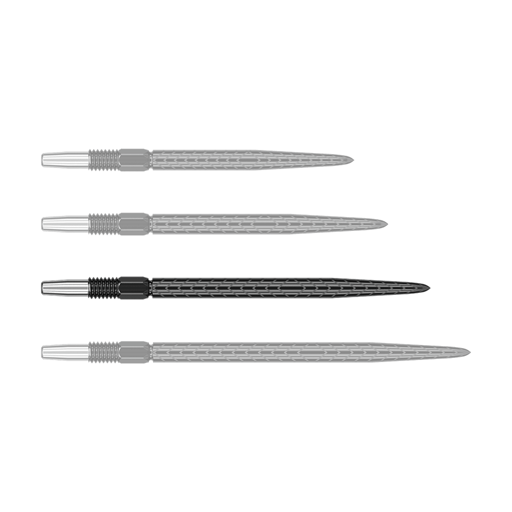 Target Swiss Point RVE dart tips - Black Auf dem Bild sind vier schwarze Dartspitzen in einer Reihe zu sehen. Jede Spitze hat ein silbernes Gewinde am linken Ende.