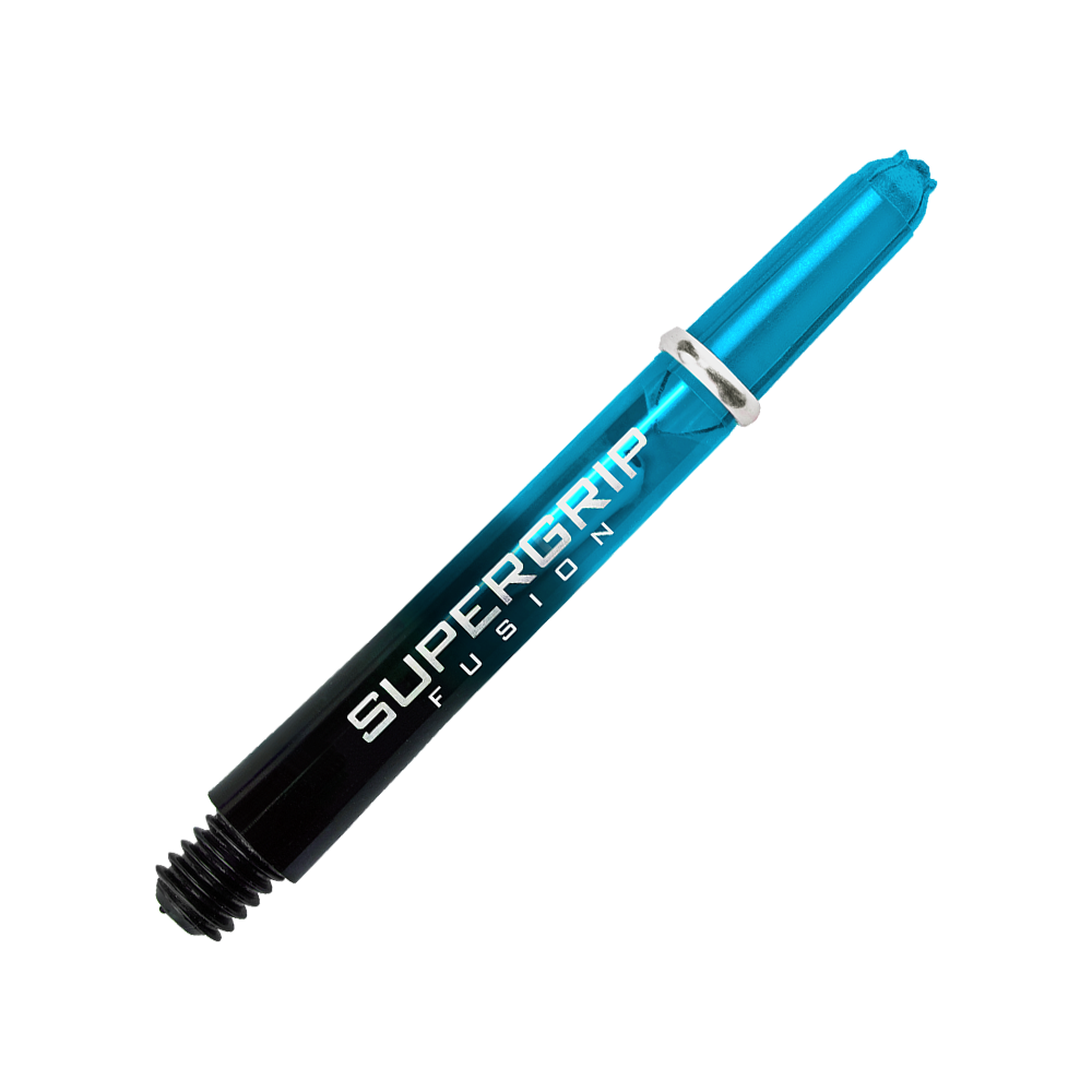 HR346_Harrows_Supergrip_Fusion_Shafts_Aqua_40mm_2GXPyMMlODIm1u Das Bild zeigt einen Harrows Supergrip Fusion Shafts in der Farbe Aqua. Der Hintergrund besteht aus verschiedenen blauen und grauen Streifen, die farblich zum Produkt passen.