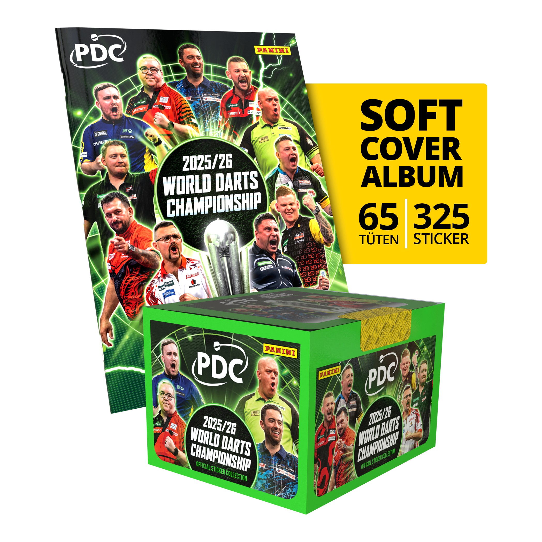 Das Bild zeigt das Panini PDC World Darts Championship 2025/26 Softcover Bundle mit einer Stickerbox. Dieses Bundle enthält ein Softcover-Album und eine Box voller Sticker.