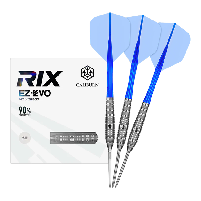 Caliburn Rix EZ-EVO R3 steel darts Dieses Bild zeigt die Caliburn Rix EZ-EVO R3 Steeldarts in voller Ansicht. Das Produkt ist auf Präzision und Balance ausgelegt.