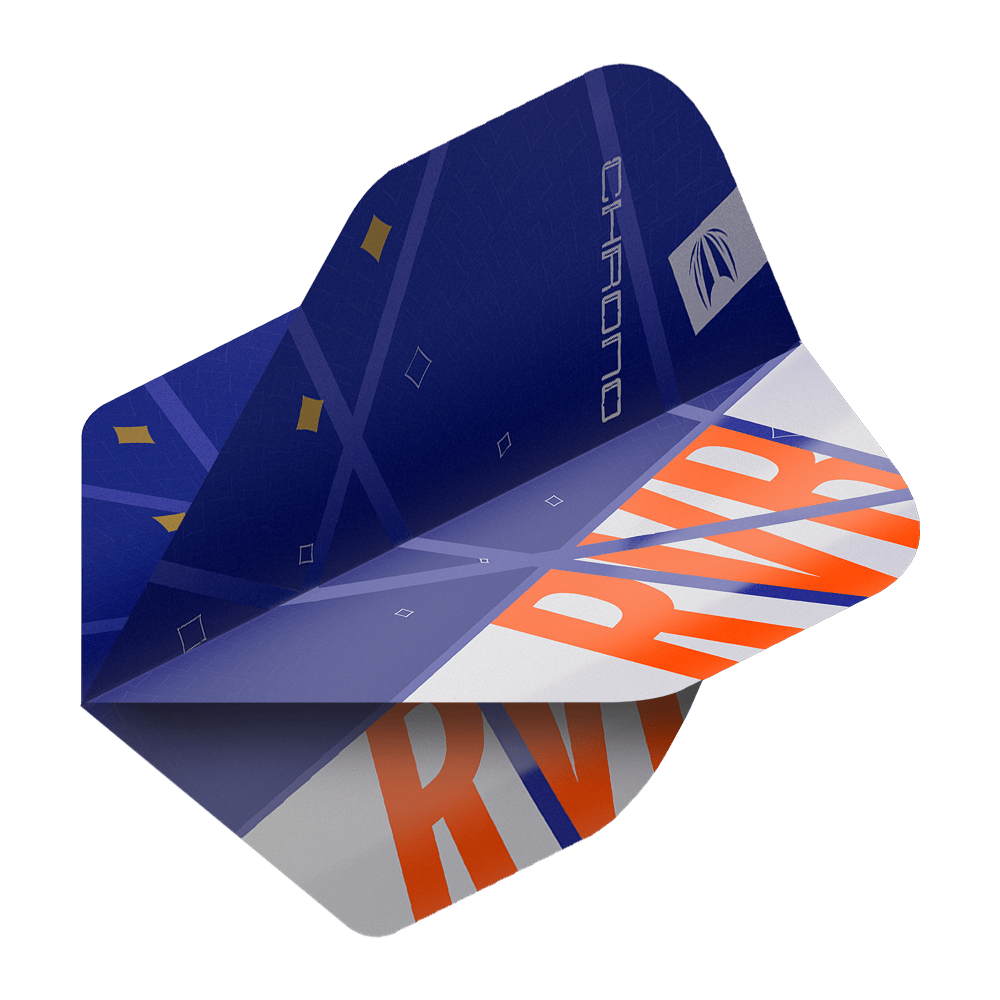 Target Pro Ultra Raymond Van Barneveld Chrono No2 Standard Flights - 3 Sets Das Bild zeigt ein Dartflight-Set aus der Serie "Target Pro Ultra Raymond Van Barneveld Chrono No2 Standard Flights". Das Flight ist vorwiegend blau mit orangefarbenen Buchstaben "RVB" und dekorativen Elementen.
