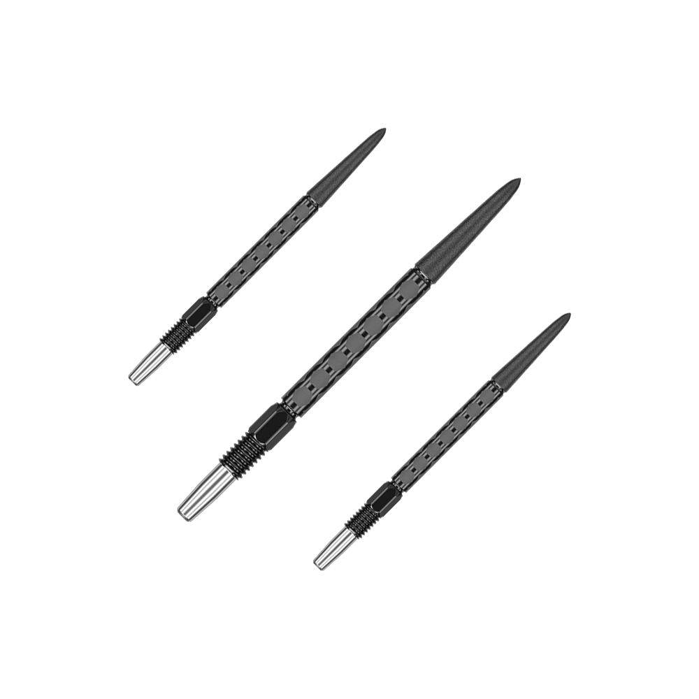 Target Swiss FLT Point Dart Tips - Black Das Dartspitzen-Set besteht aus mehreren schwarzen Spitzen. Sie sind ordentlich in Reihe ausgelegt.